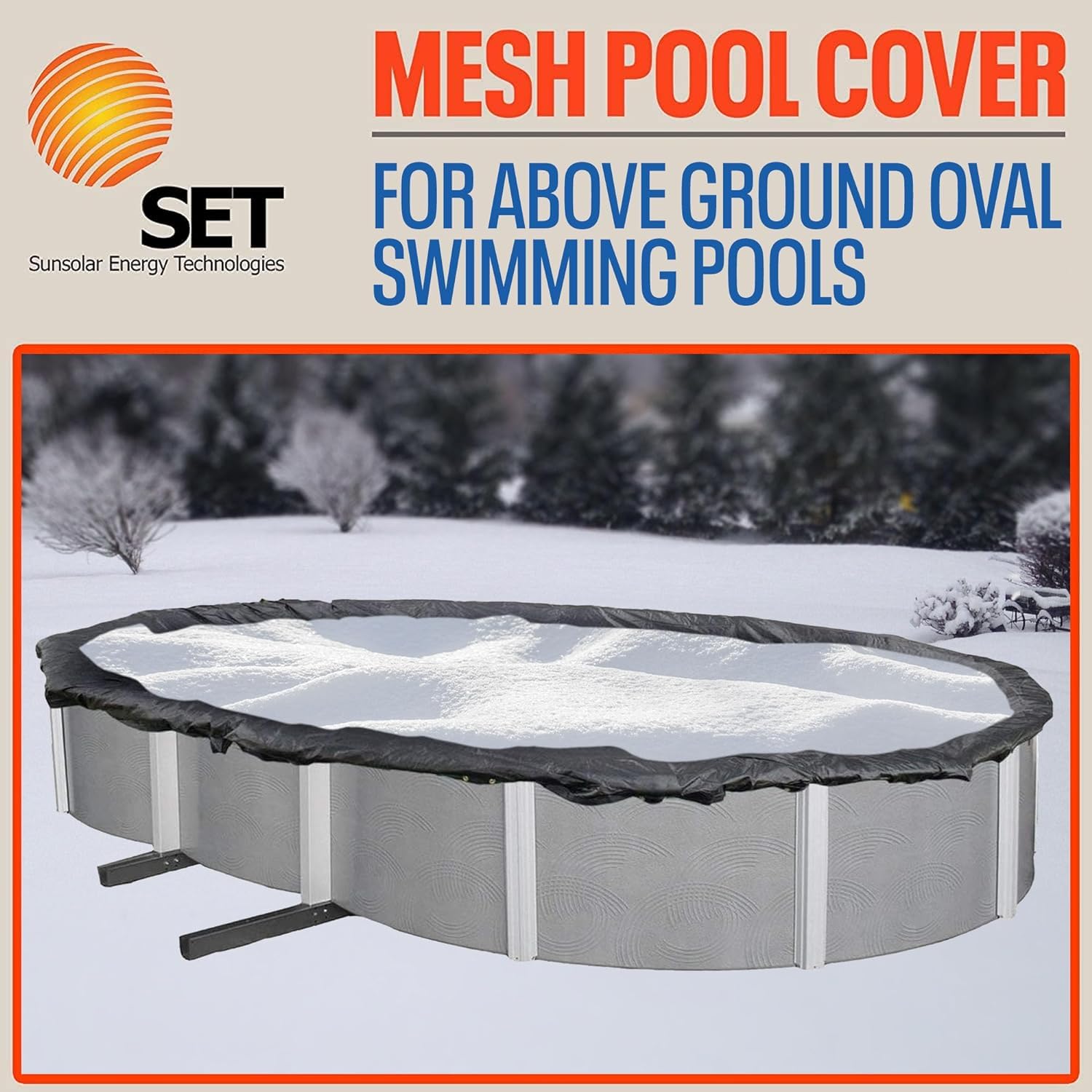 SET SunSolar Energy Technologies - 18x38 Foot Oval Above Ground Winter Pool Cover with Sturdy Cable & Winch - Heavy Duty Mesh Swimming Pool Cover for Winter Protection - Includes Cover Clips - 8 Year Warranty - Ideal for Cold Weather Pool Maintenance and Snow Load Protection