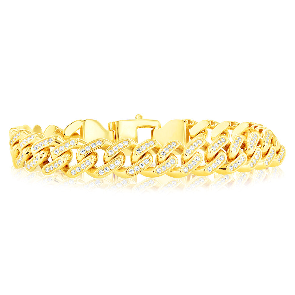 9ct Yellow Gold Curb Chain Bracelet with Fancy Zirconia - 19cm Adjustable Length for Women's Fashion & Gift Giving