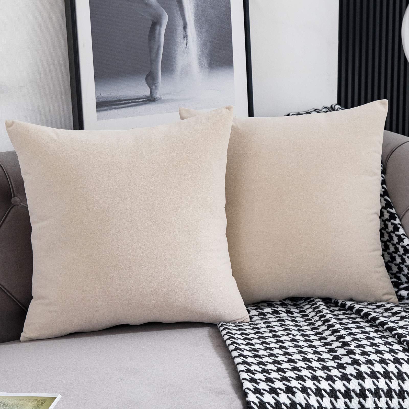 YONGLIU 18x18 Inch Velvet Square Throw Pillow Covers Set of 2 - Soft Solid Decorative Couch Cushion Cases in Beige for Living Room, Bedroom & Sofa Decor