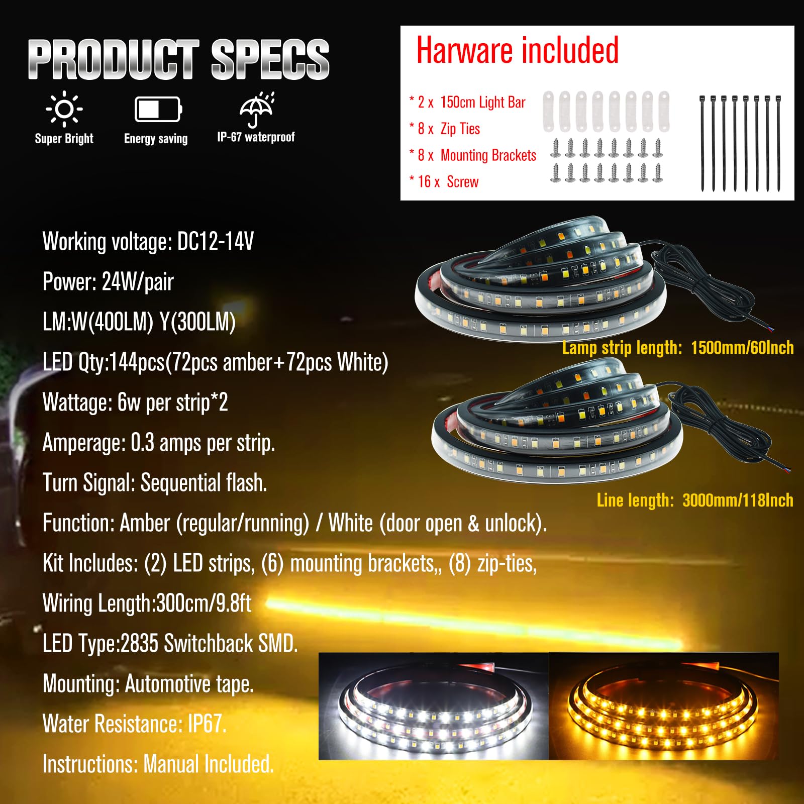 2Pcs 60-Inch LED Running Board Lights for Trucks & SUVs - 3-in-1 White Running Light, Welcome Light & Sequential Amber Turn Signal | DC 12V Underglow Strip for Pickup Trucks, Off-Road & Night Driving