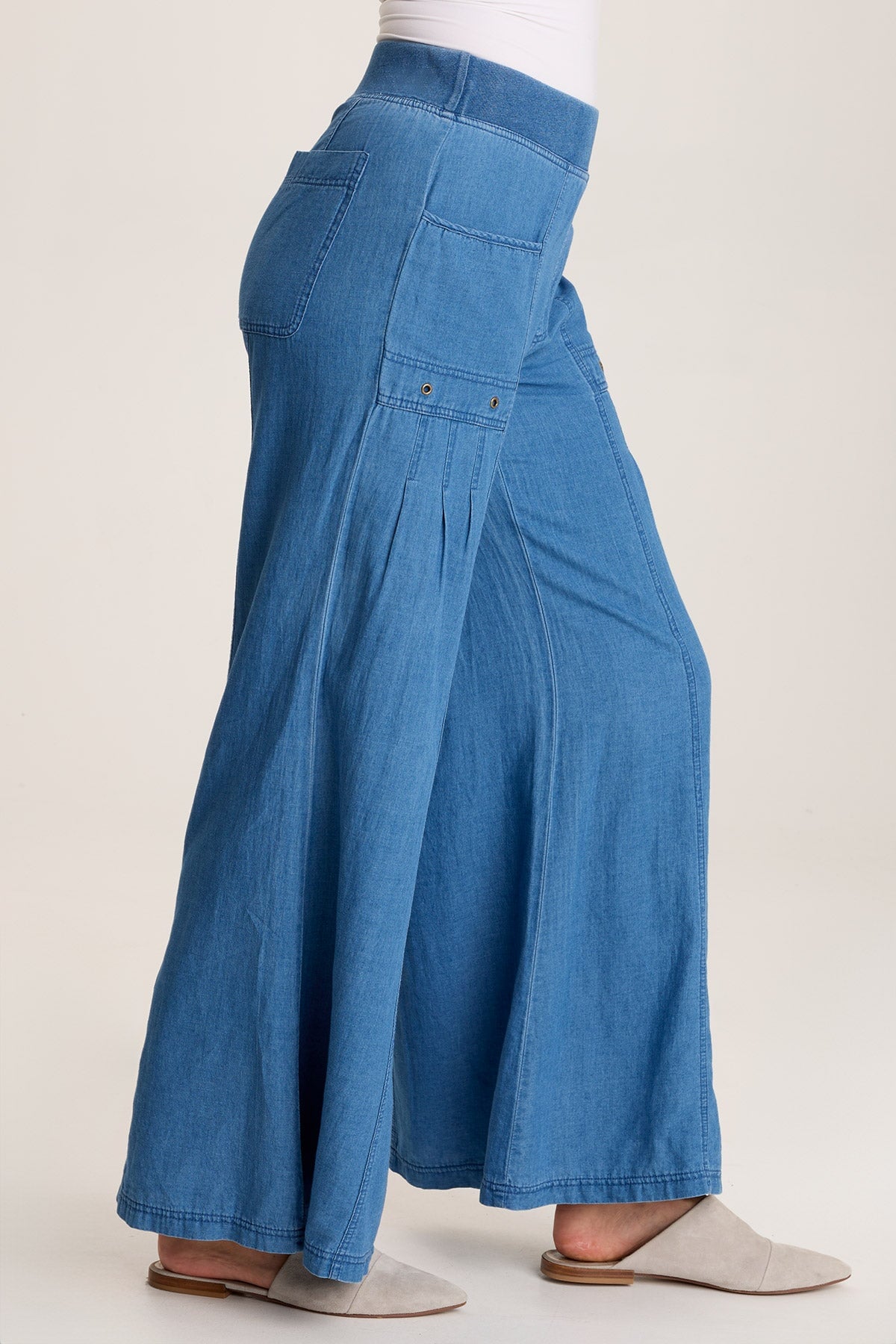 Florentine Mock Denim Wide Leg Pants for Women - High Waisted Stretch Comfort Pants - Casual Lounge, Work, and Travel Outfits