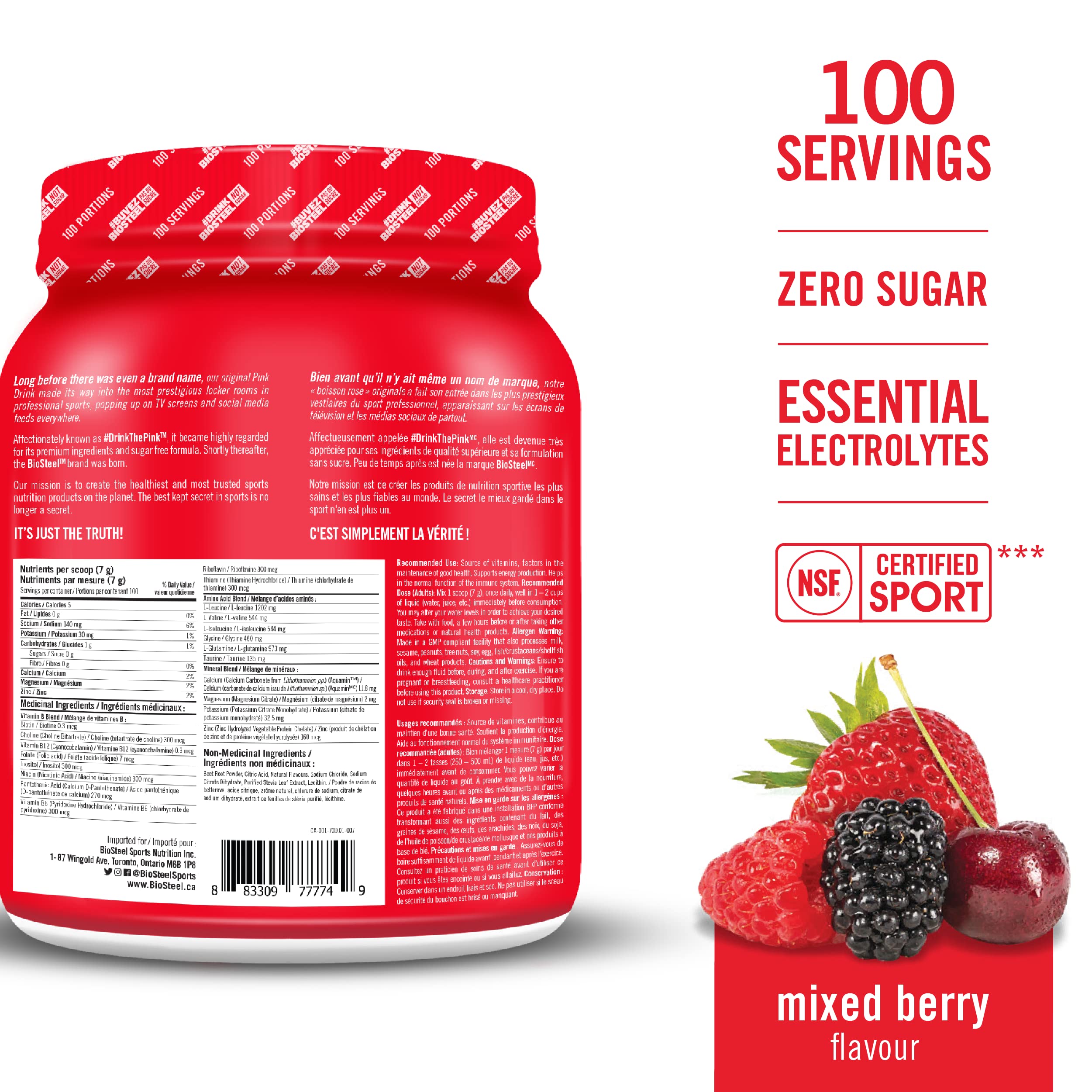 BioSteel Zero Sugar Hydration Mix - Mixed Berry Flavor with 5 Essential Electrolytes | 100 Servings per Tub | Great for Workouts, Sports & Daily Hydration | Sugar-Free & Keto-Friendly Electrolyte Drink Powder
