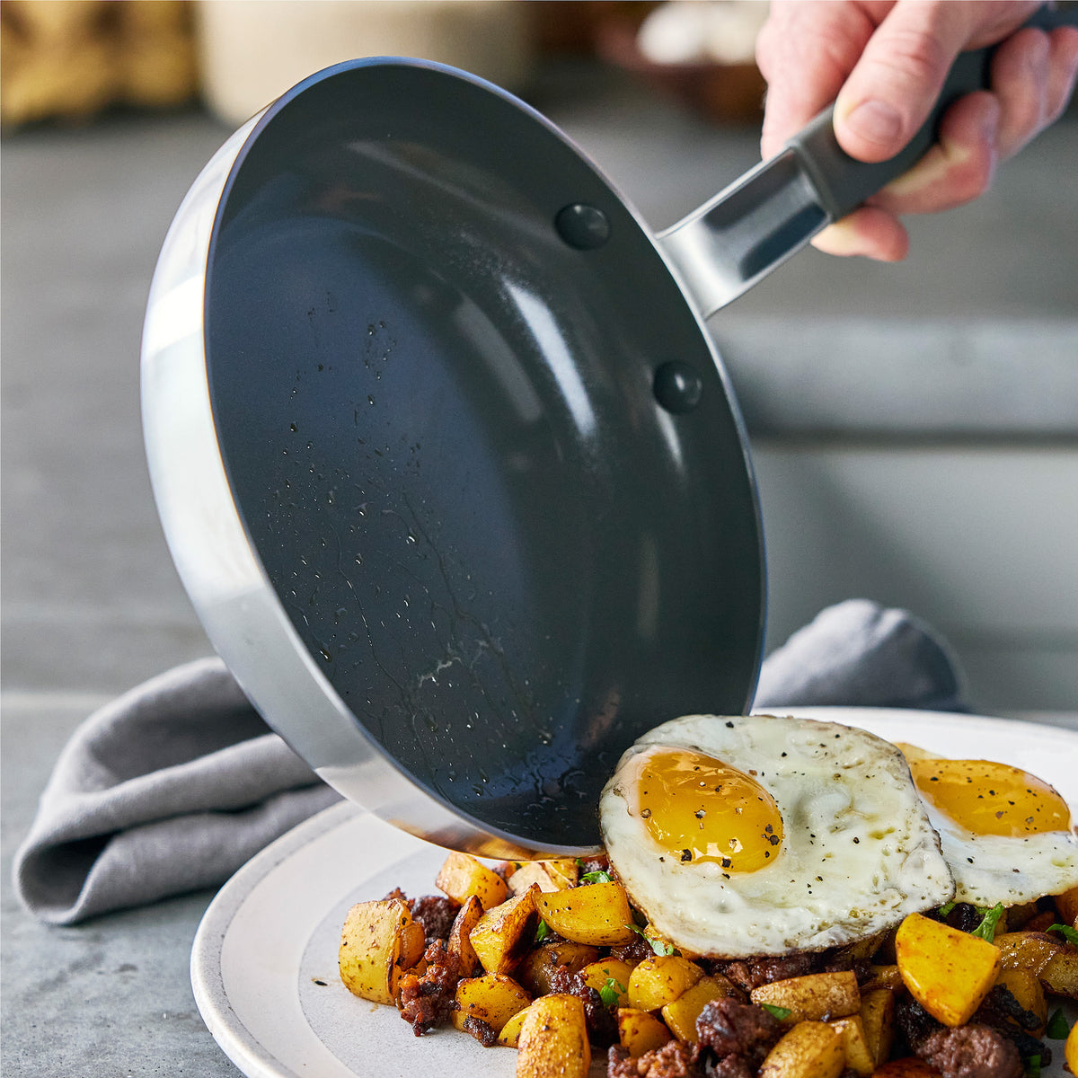 Bobby Flay by GreenPan 4-Piece Stainless Steel Fry Pan Set with Bobby at Home Cookbook - Nonstick Cookware for Professional & Home Chefs - Perfect for Searing, Sautéing & Frying