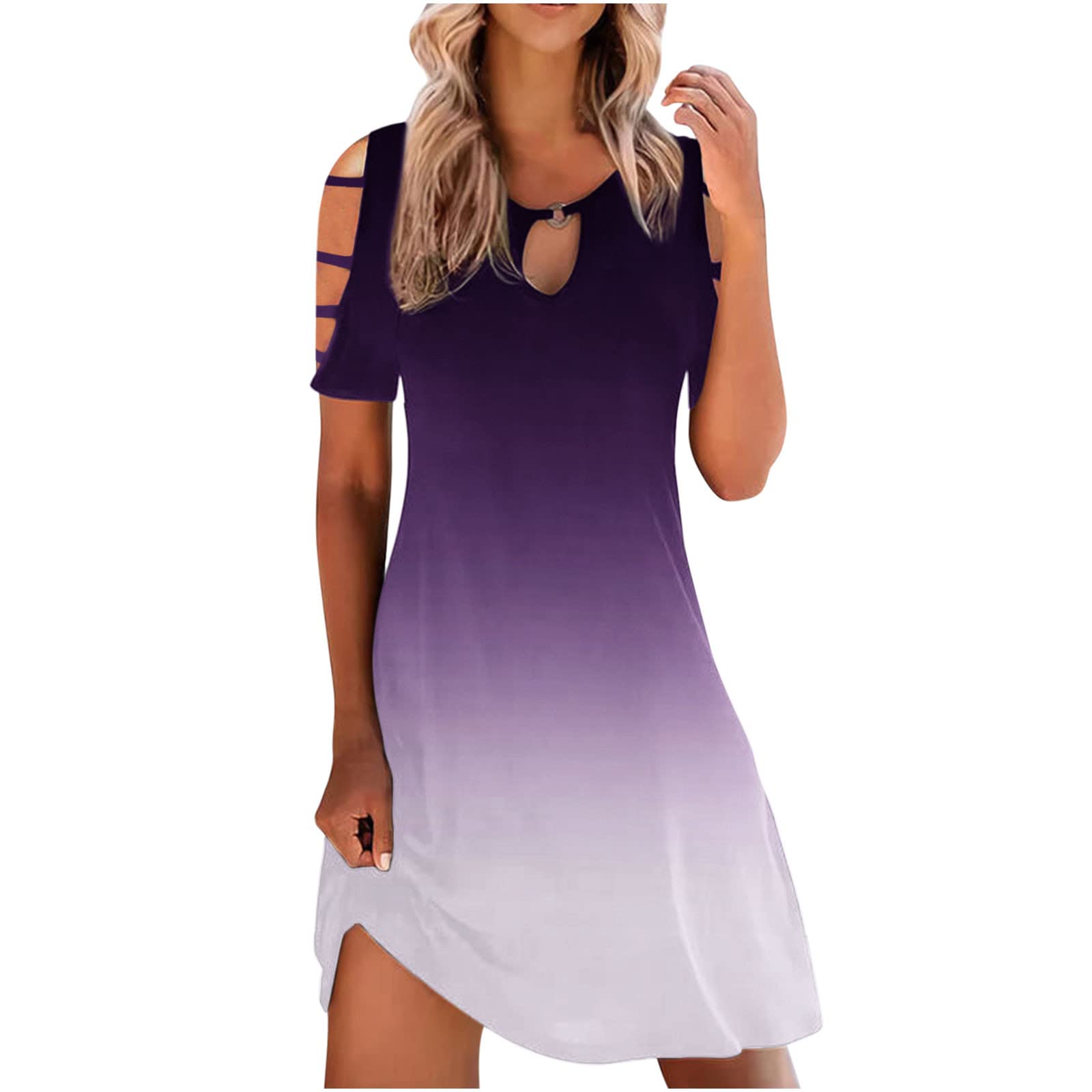 BmkBWO Women's Sexy Cold Shoulder Keyhole Round Neck T-Shirt Dress - 2022 Summer Spring Swing Casual Shift Dress for Outing, Dating & Vacation