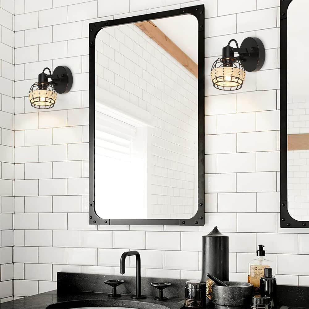 Depuley Rustic Cage Wall Spotlight Fixture - Adjustable Flush Mount Track Lighting with Plug-in Cord | Perfect for Bedroom, Living Room & Hallway Lighting Decor