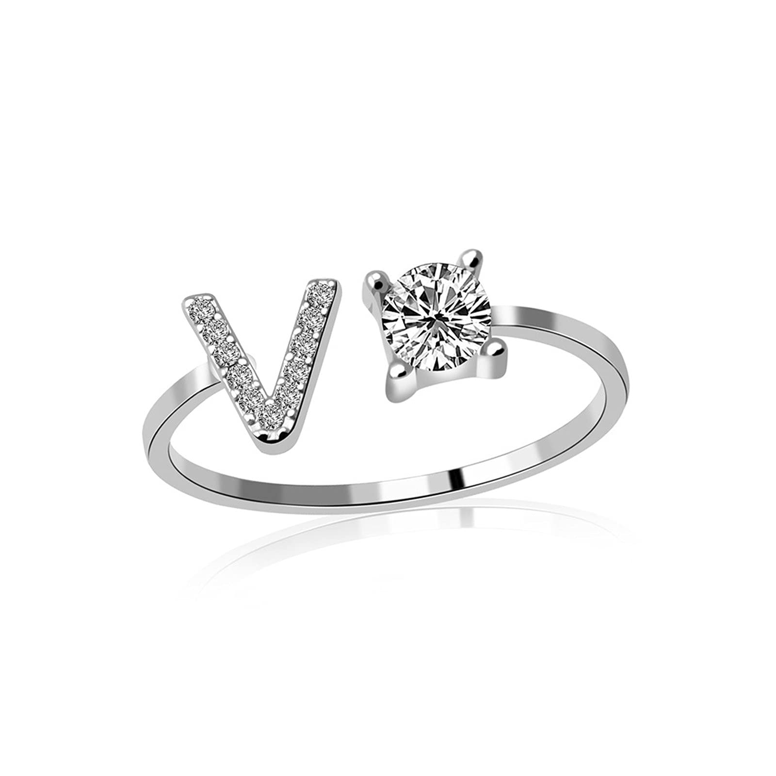 26 English Alphabet Rings for Women - Adjustable Silver Letter Rings with Zircon - Personalized Initial Jewelry for Women, Girls, Mothers - Wedding, Anniversary, Birthday Gift (V) - Perfect for Everyday Wear, Parties & Special Occasions
