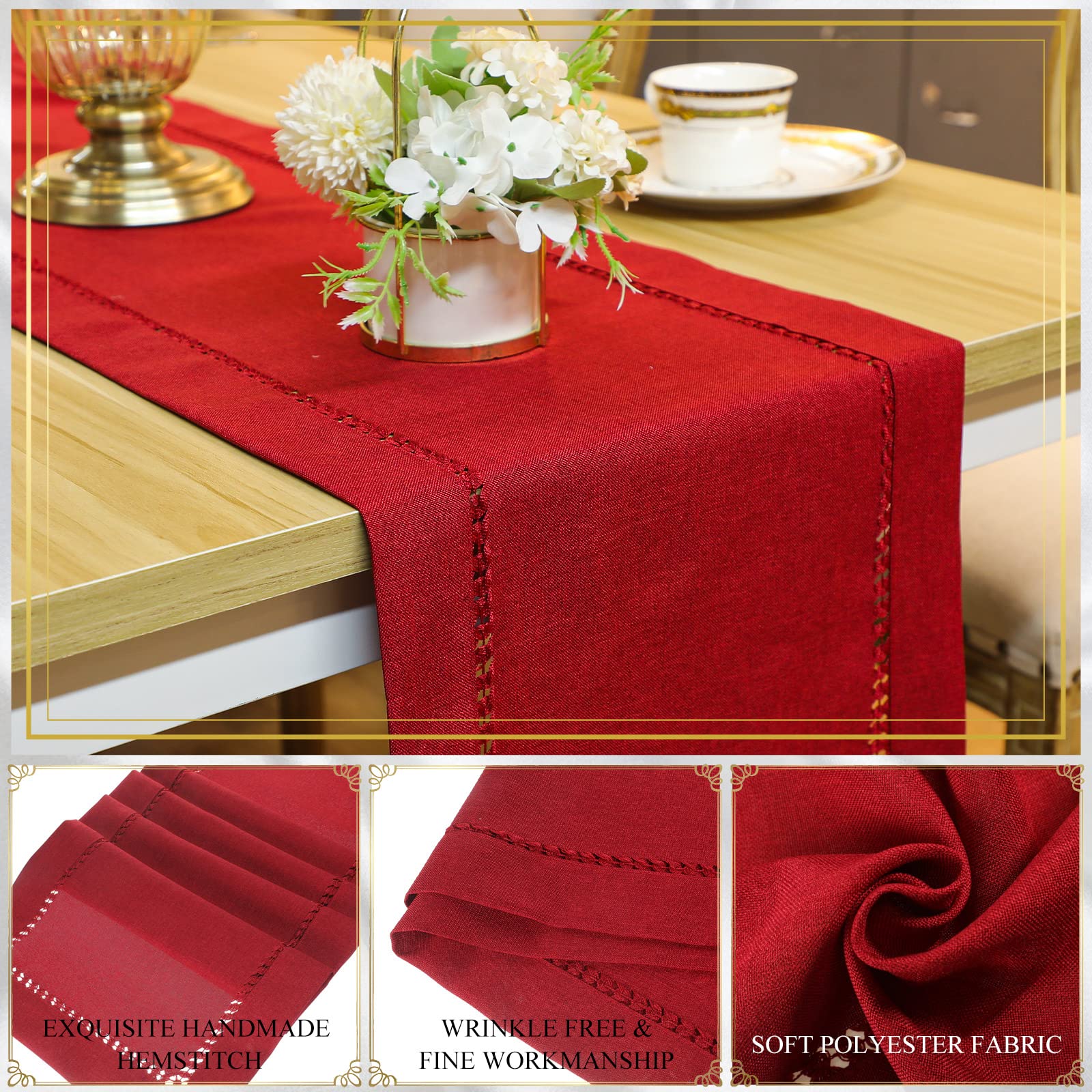 2-Pack Handmade Hemstitch Table Runners - Farmhouse Rustic Decor (13x72 Inch, Cranberry Red) for Thanksgiving, Christmas, Kitchen & Dining Room Centerpiece Decorations | Perfect for Holiday Parties, Wedding Decor & Home Styling