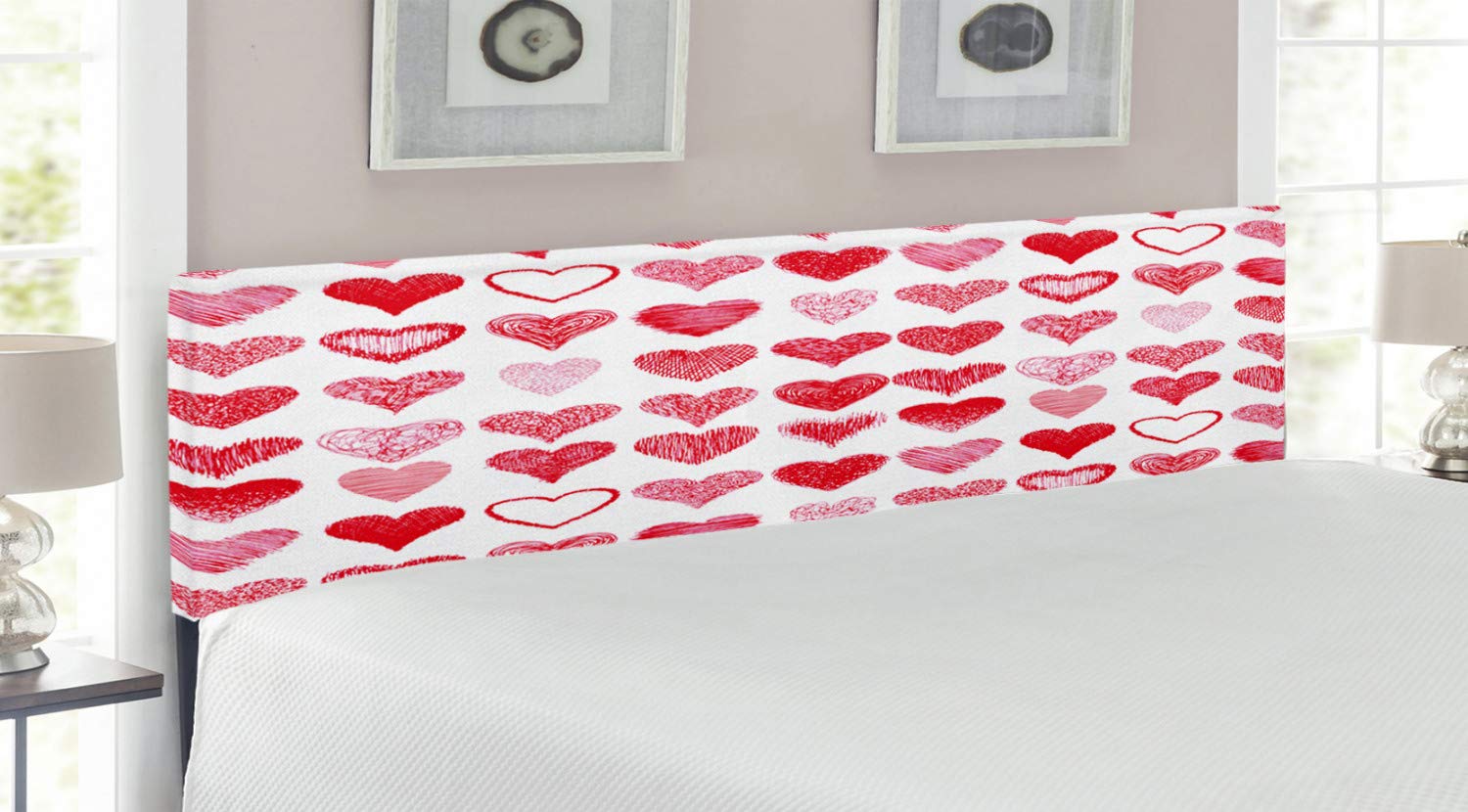 Ambesonne Valentines Day Headboard - Romantic Hand Drawn Heart Design Upholstered Metal Bed Frame with Memory Foam, King Size in Vermilion Pink & White | Perfect for Master Bedroom Decor & Anniversary Gifts