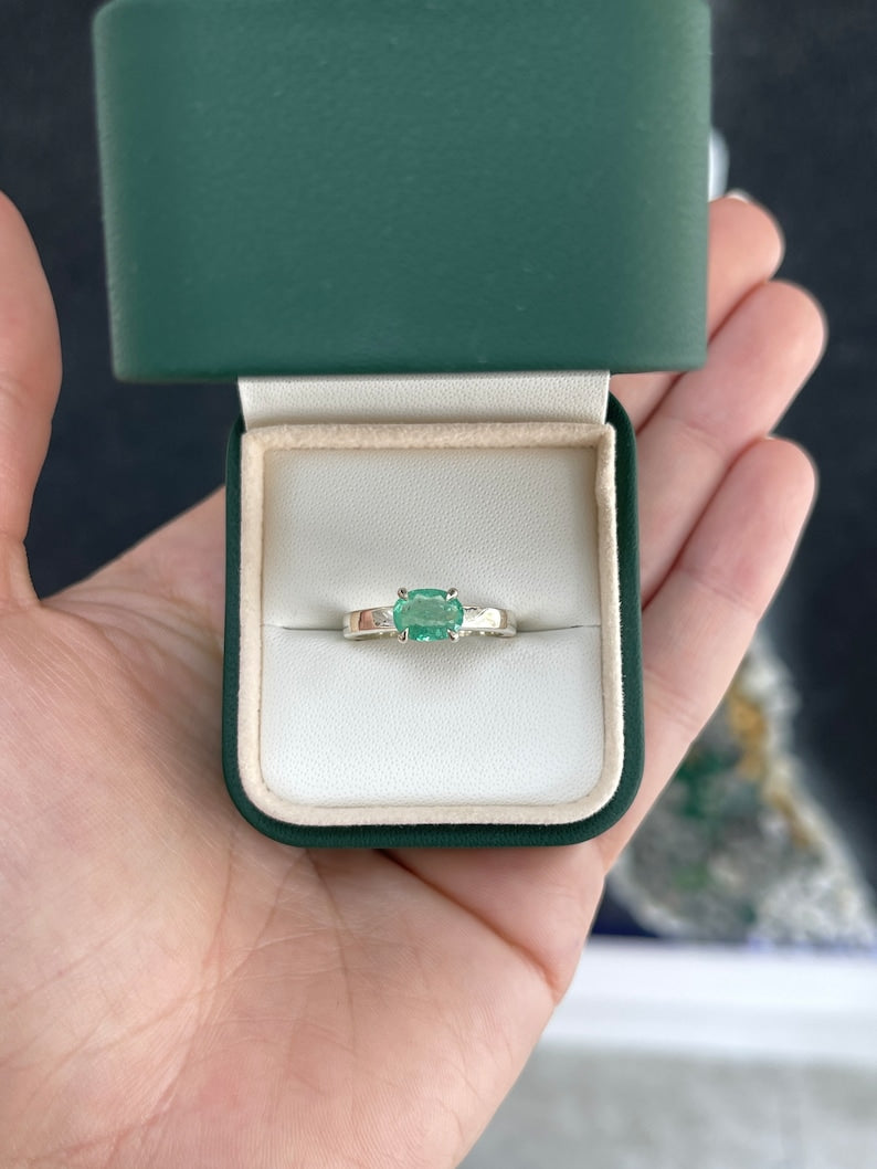 1.10ct Sterling Silver Oval Cut Emerald East to West Solitaire Ring for Women - Elegant Wedding, Engagement & Anniversary Jewelry Gift