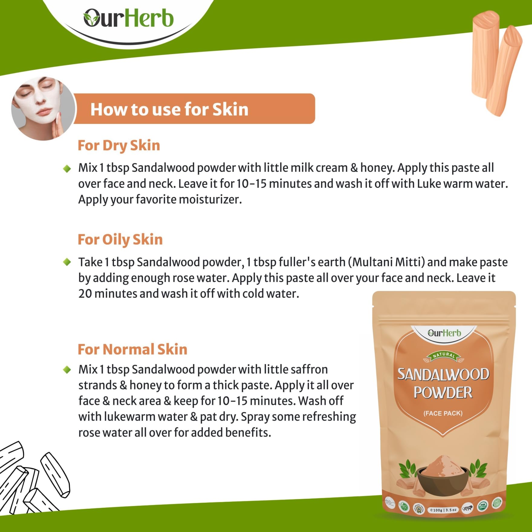 OurHerb - 100% Pure Sandalwood & Orange Peel Powder (2 x 100g) | Natural Face Mask for All Skin Types | Exfoliating Facial Scrub & Skin Brightening Treatment | Includes Free Wooden Spoon | Perfect for Spa Day, DIY Skincare & Ayurvedic Beauty Routines