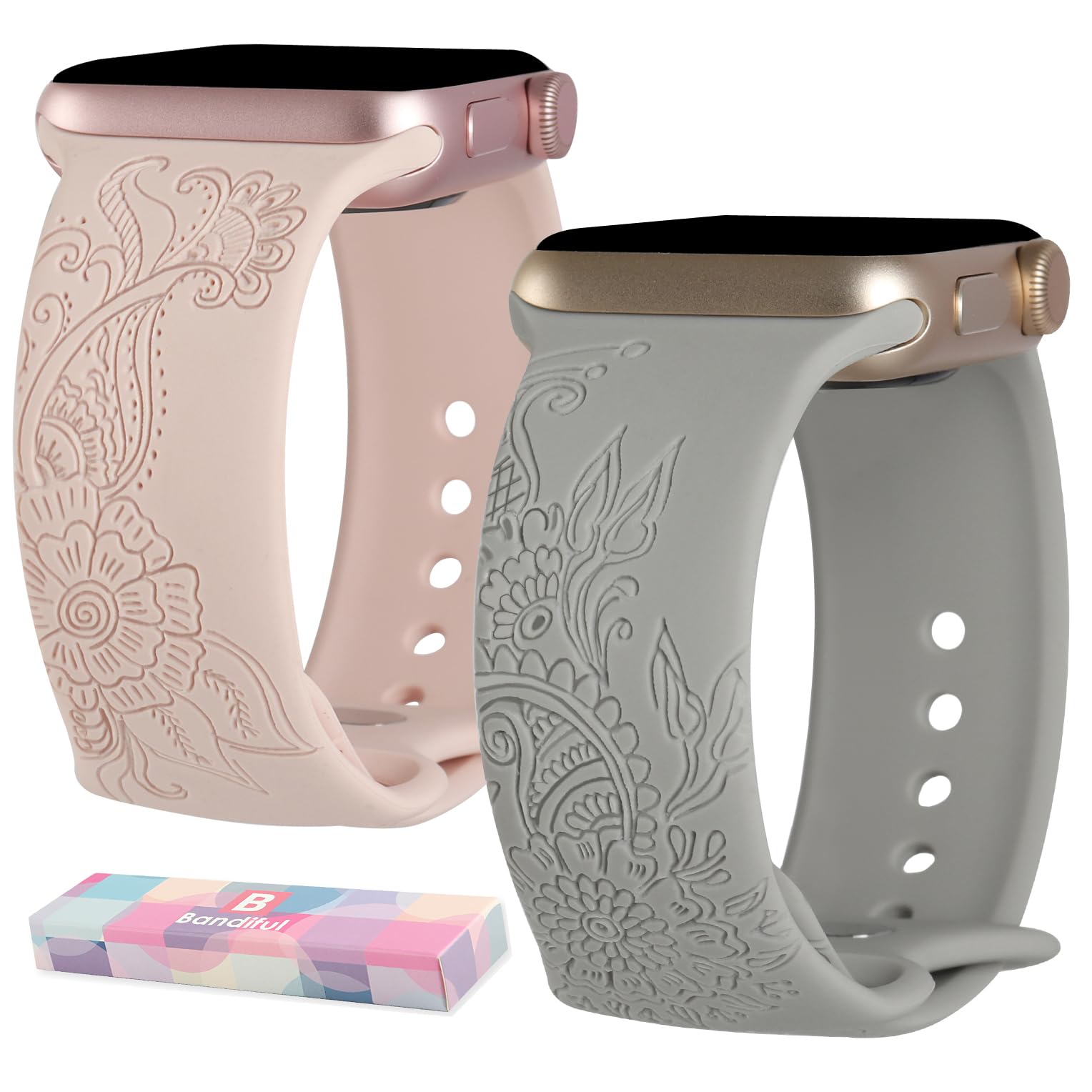 2 Pack Floral Engraved Silicone Replacement Bands for Apple Watch 38mm 40mm 41mm 42mm 44mm 45mm 49mm - Compatible with iWatch Series 8/7/6/5/4/3/2/1/SE/Ultra - Stylish & Durable Watch Strap for Women & Men - Perfect for Workouts, Office & Everyday Wear