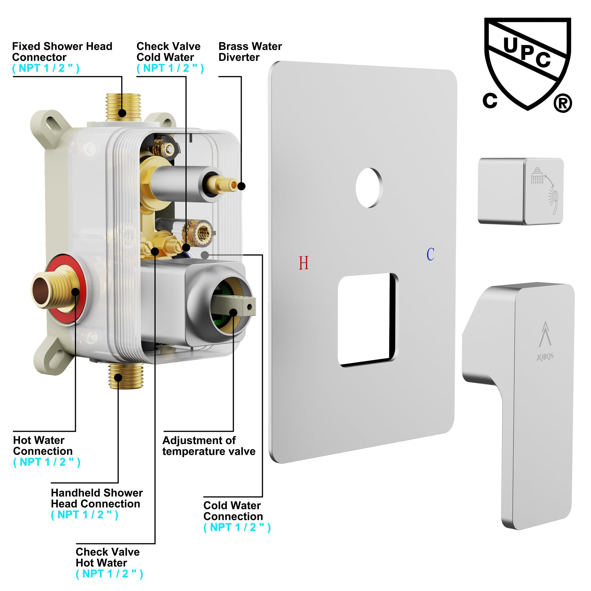 Modern Brass Rain Shower System with Valve & Diverter - High Pressure Square Rainfall Showerhead & Handheld Spray - 12