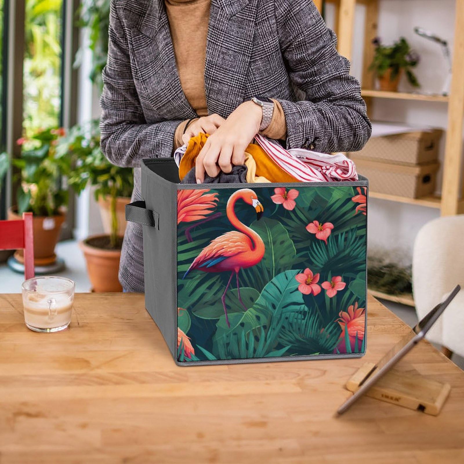 6-Pack Foldable Storage Cubes with Handles - Flamingo Tropical Flower Pattern Square Organizer Bins for Closet, Nursery, or Office Organization | Space-Saving Home Decor