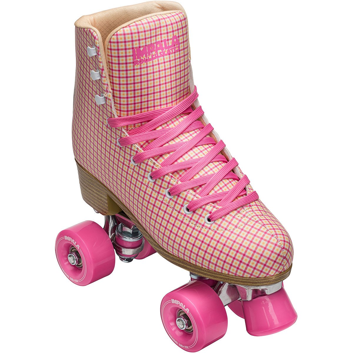 Impala Pink Tartan Roller Skates for Women - Retro Quad Skates with Light-Up Wheels - Perfect for Outdoor Skating, Roller Rinks, and Themed Parties