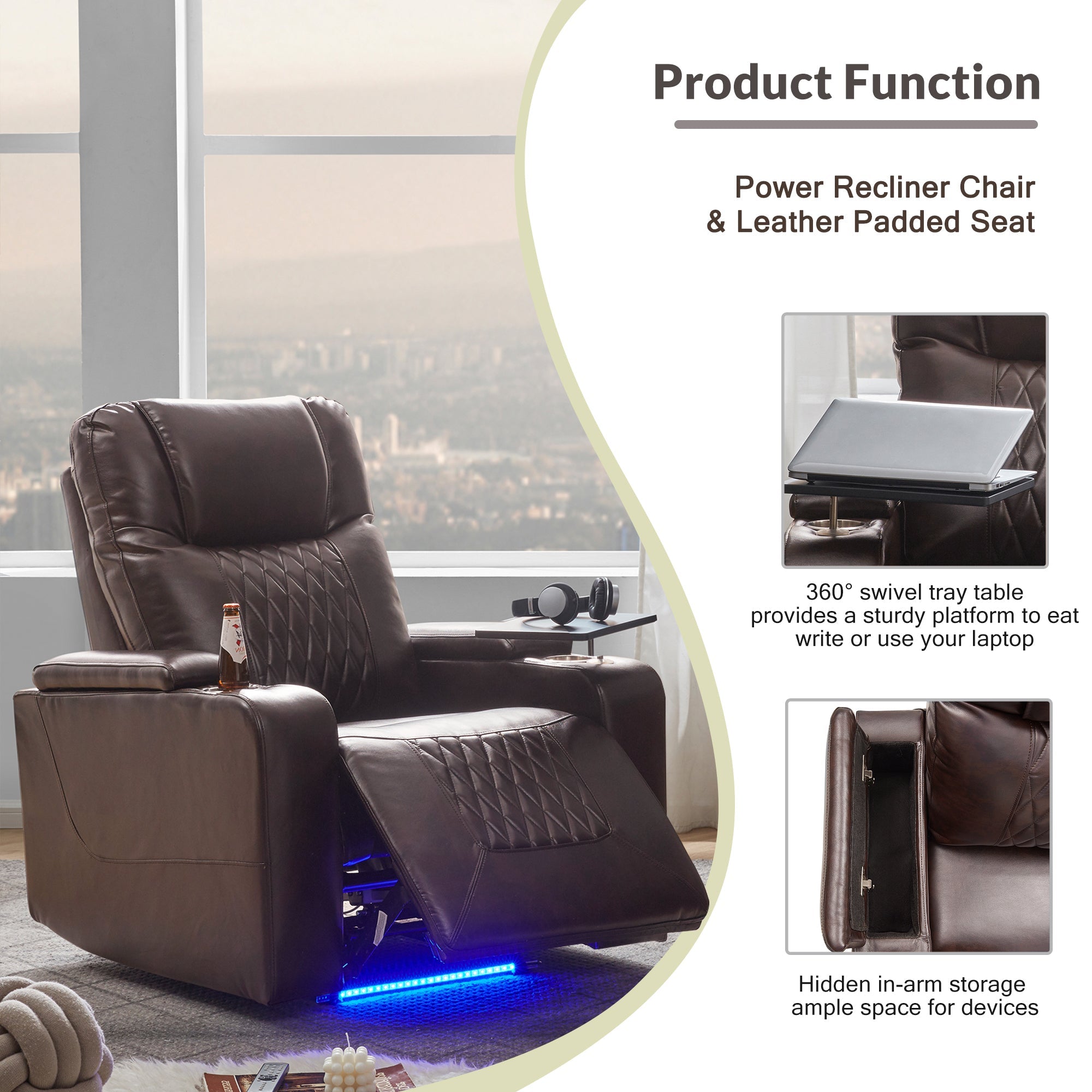Electric Power Lift Recliner Chair with USB Charging Port, Hidden Arm Storage & 360° Swivel Tray - Brown Leather Massage Chair for Living Room, Home Theater & Elderly Care