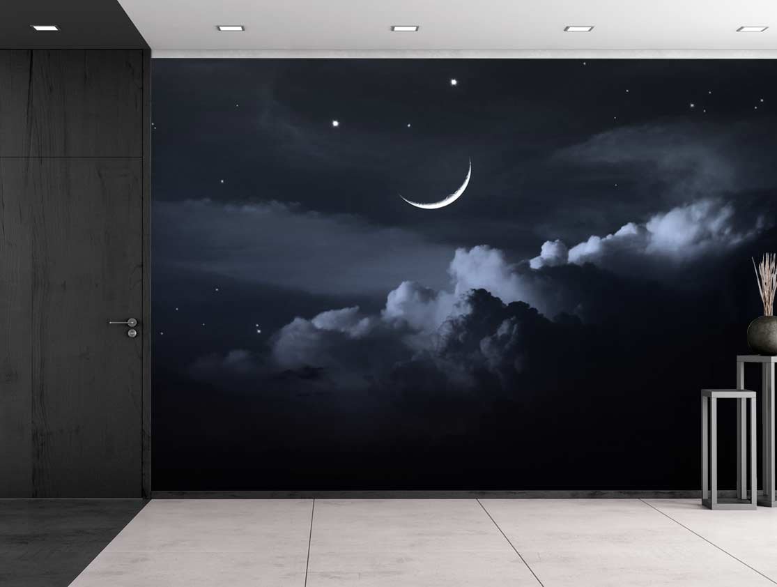 Wall26 - 'A Bed of Clouds Beneath a Crescent Moon' Large Wall Mural - 100x144 Inch Removable Peel & Stick Wallpaper - Modern Home Decor for Living Room, Bedroom & Nursery - Easy DIY Wall Art Installation