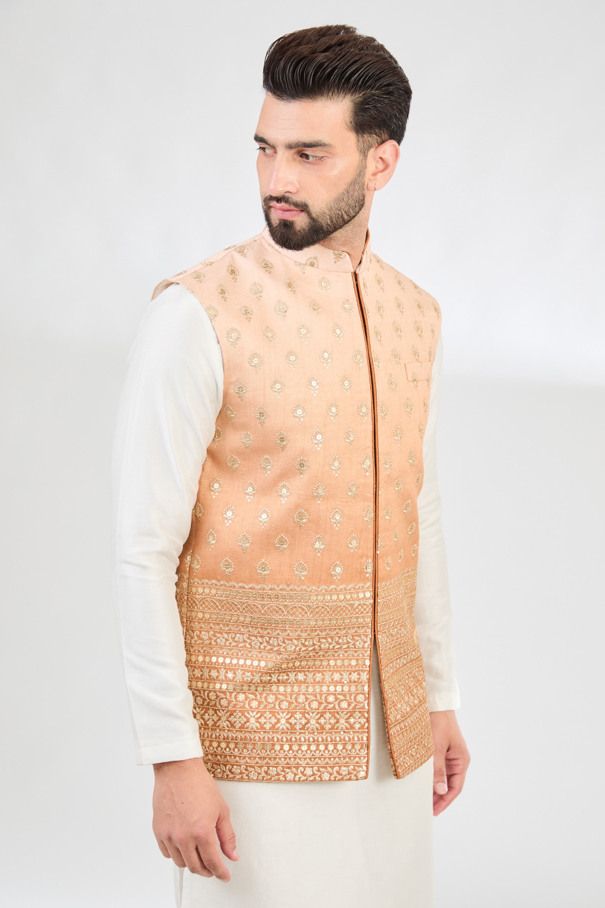 Elegant Ombre Coral Peach Nehru Jacket with Zari Embroidery - Perfect for Festive Occasions, Weddings & Ethnic Fashion