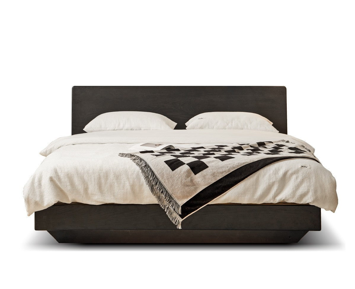 Solid Oak Wood Floating Platform Bed with LED Lights - Modern Smoky Finish for Bedroom, Guest Room, or Studio Apartment