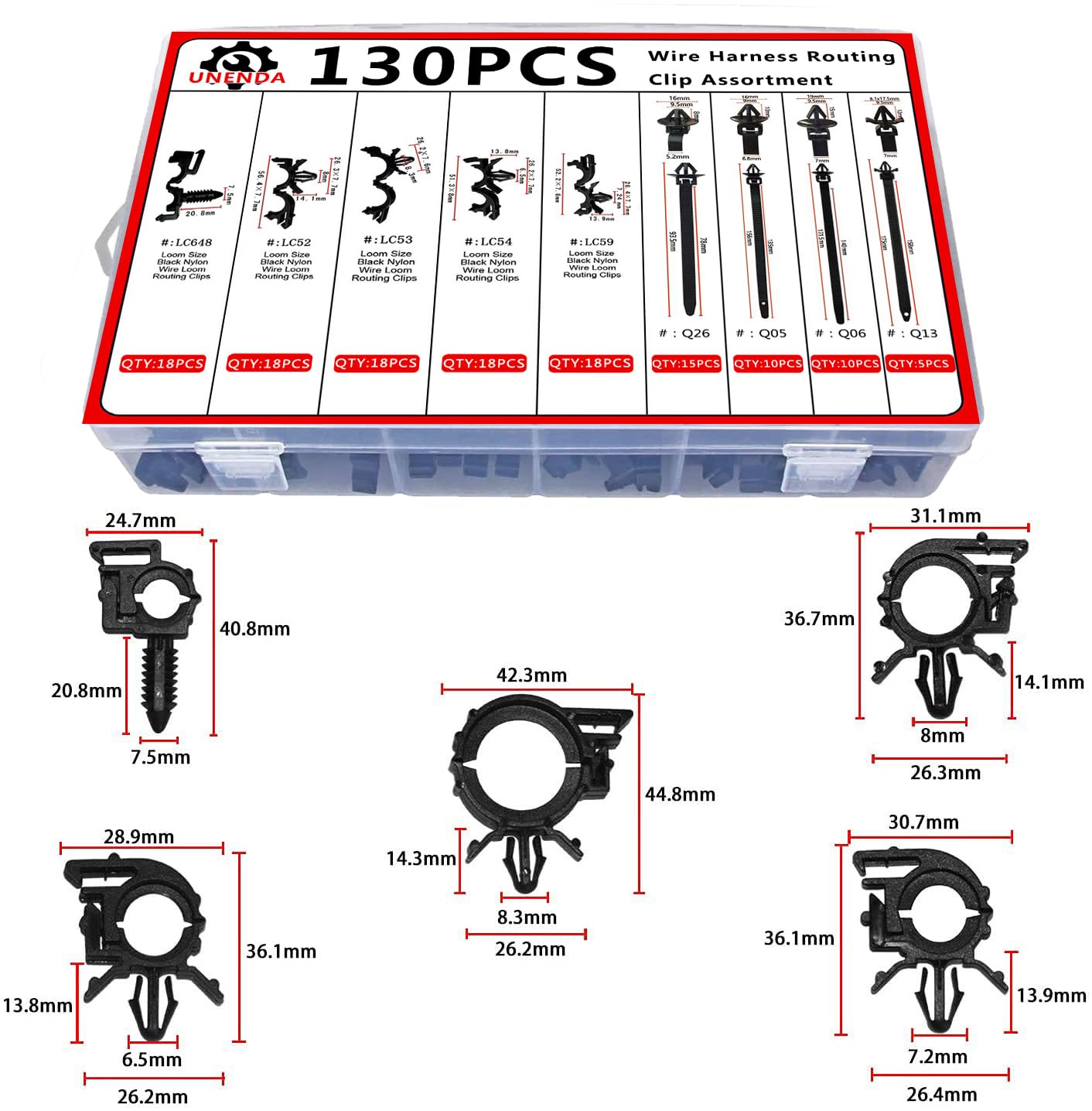 130PCS Car Wire Loom Clips Assortment Kit - 9 Sizes Automotive Harness Routing Clips with 40PCS Releasable Nylon Push Mounts & Tie Wraps - Compatible with Honda, GM, Mazda, Jeep Wrangler, Ford - Perfect for Wiring Organization & Cable Management in Vehicles
