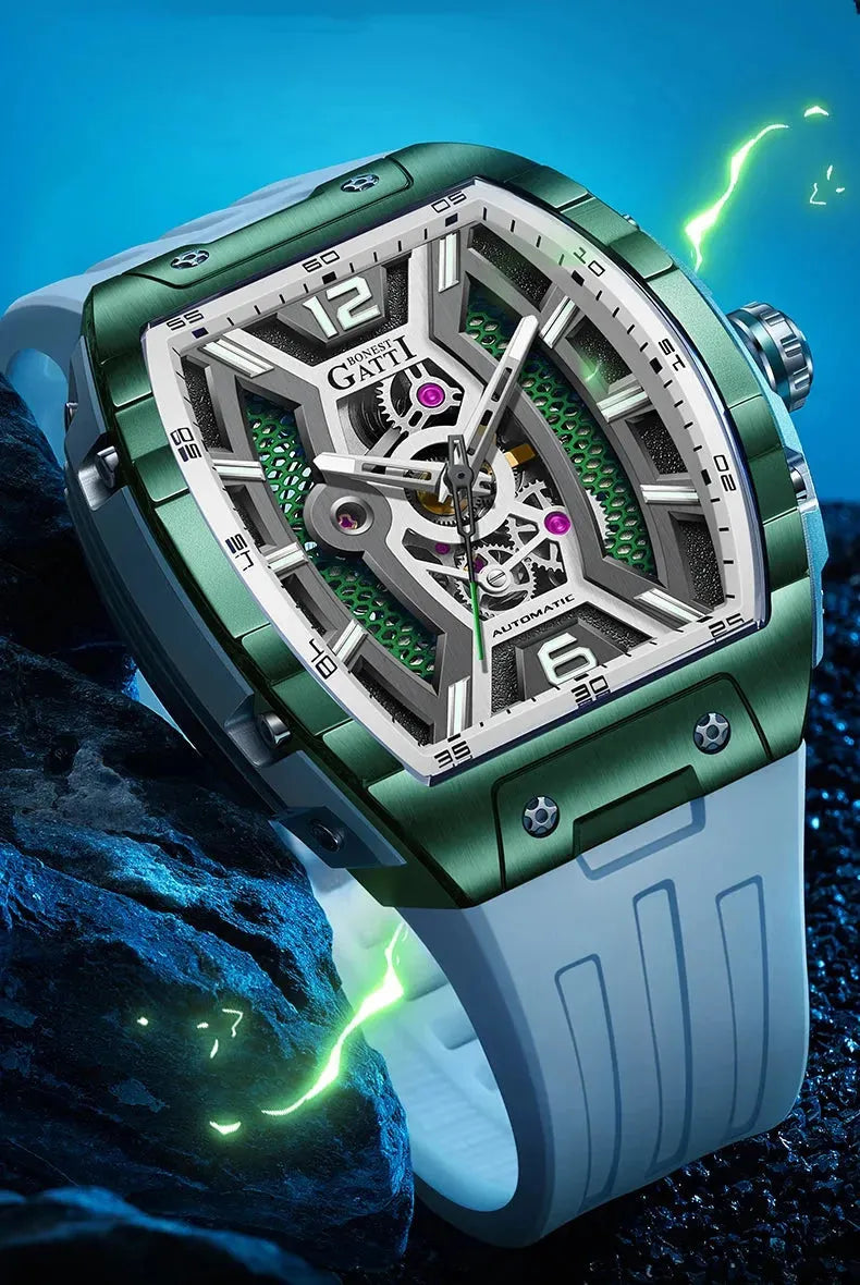 Luxury BONEST GATTI Men's Automatic Mechanical Watch 46MM - Tonneau Case, Sapphire Crystal, Waterproof, Skeleton Dial, Luminous Hands, Viton Strap - Perfect for Business, Formal Events & Gift Giving