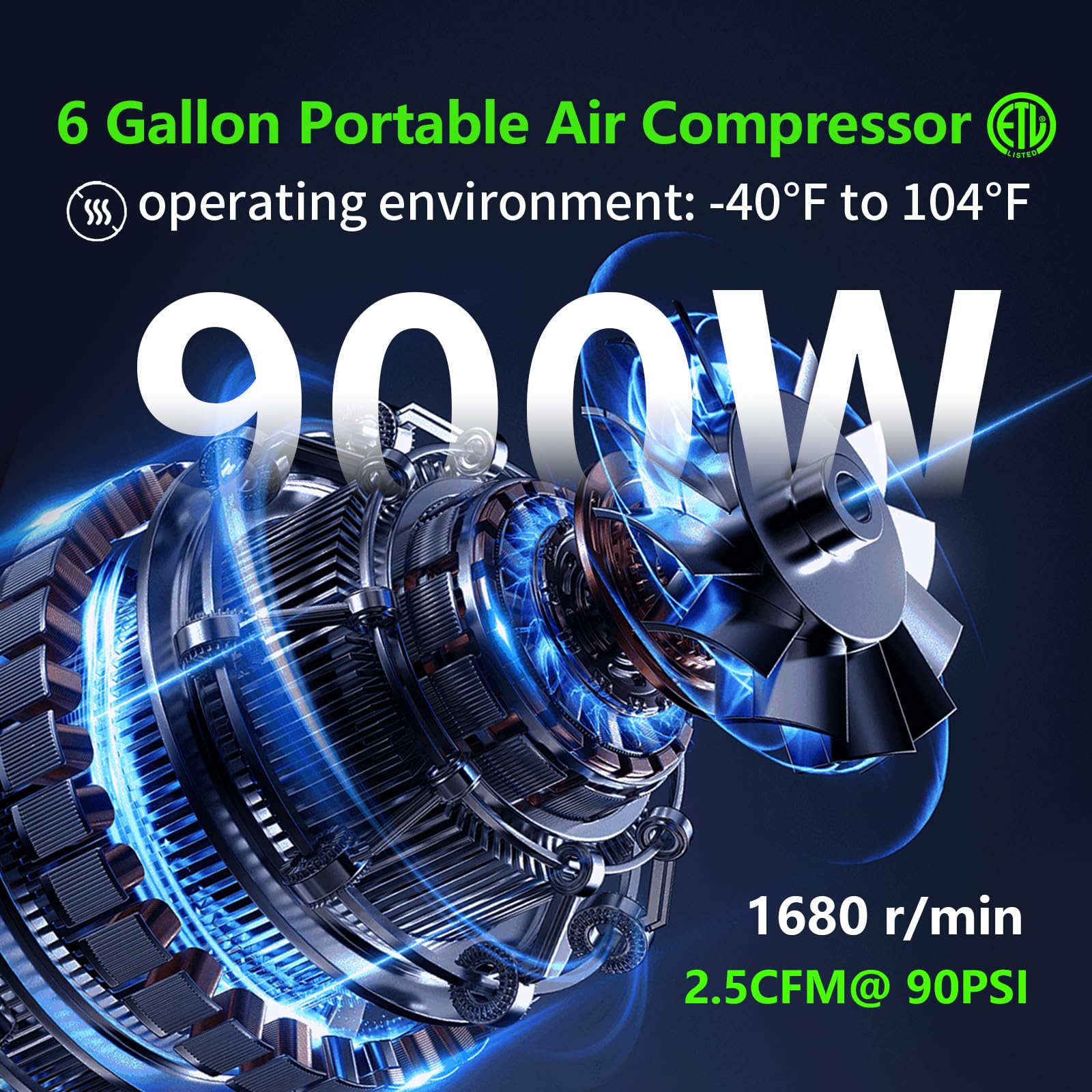 6 Gallon Portable Air Compressor | 1HP 2.5 CFM@90PSI Ultra Quiet Oil-Free Compressor (60dB) | Ideal for Tires, Pneumatic Tools, Spray Painting | Perfect for Home Garage, Auto Repair & DIY Projects