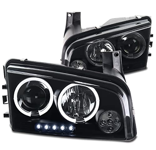 LED Halo Projector Headlights - Black/Smoke - Compatible with 2006-2010 Dodge Charger | High-Performance Car Lighting for Night Driving & Custom Styling