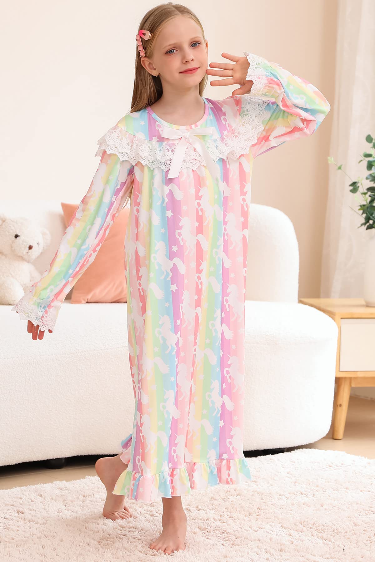 Lovekider Girls Christmas Nightgowns - Cute Lace Xmas Pajama Dress Long Sleeve Princess Nightdress for Holiday Sleepwear (4-12 Years) | Perfect for Christmas Eve, Winter Sleepovers & Family Photos