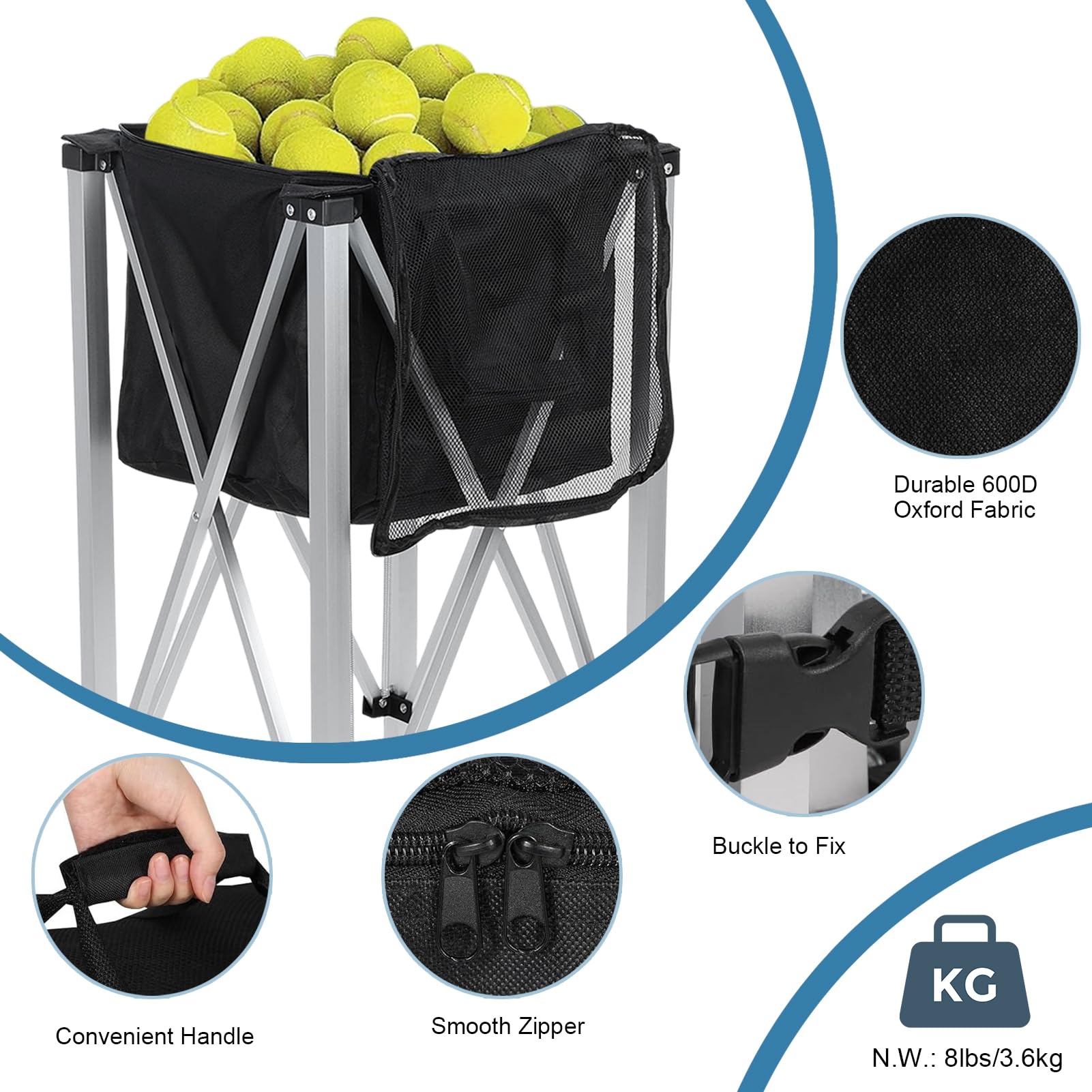 Foldable Tennis Ball Cart - Portable Tennis Ball Hopper with Wheels Holds 160 Balls | Lightweight Tennis Ball Carrier with Removable Bag & Side Pockets | Perfect for Tennis Practice, Coaching & Sports Training (1 Set)
