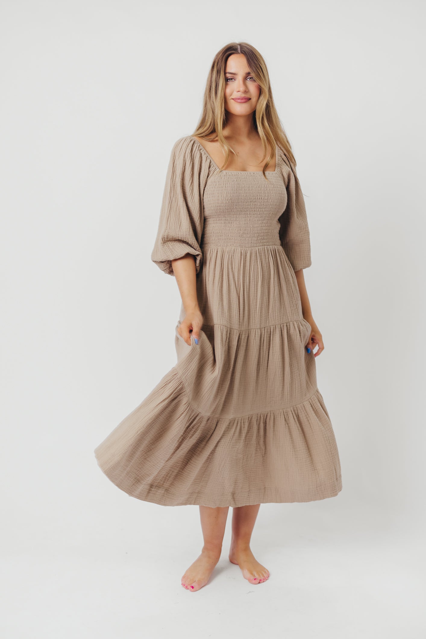 Taylor Cotton Smocked Midi Dress with Tiered Skirt in Pumice - Inclusive Sizing (XS-3X) | Flowy Summer Dress for Women | Perfect for Beach Vacations, Brunch Dates & Garden Parties