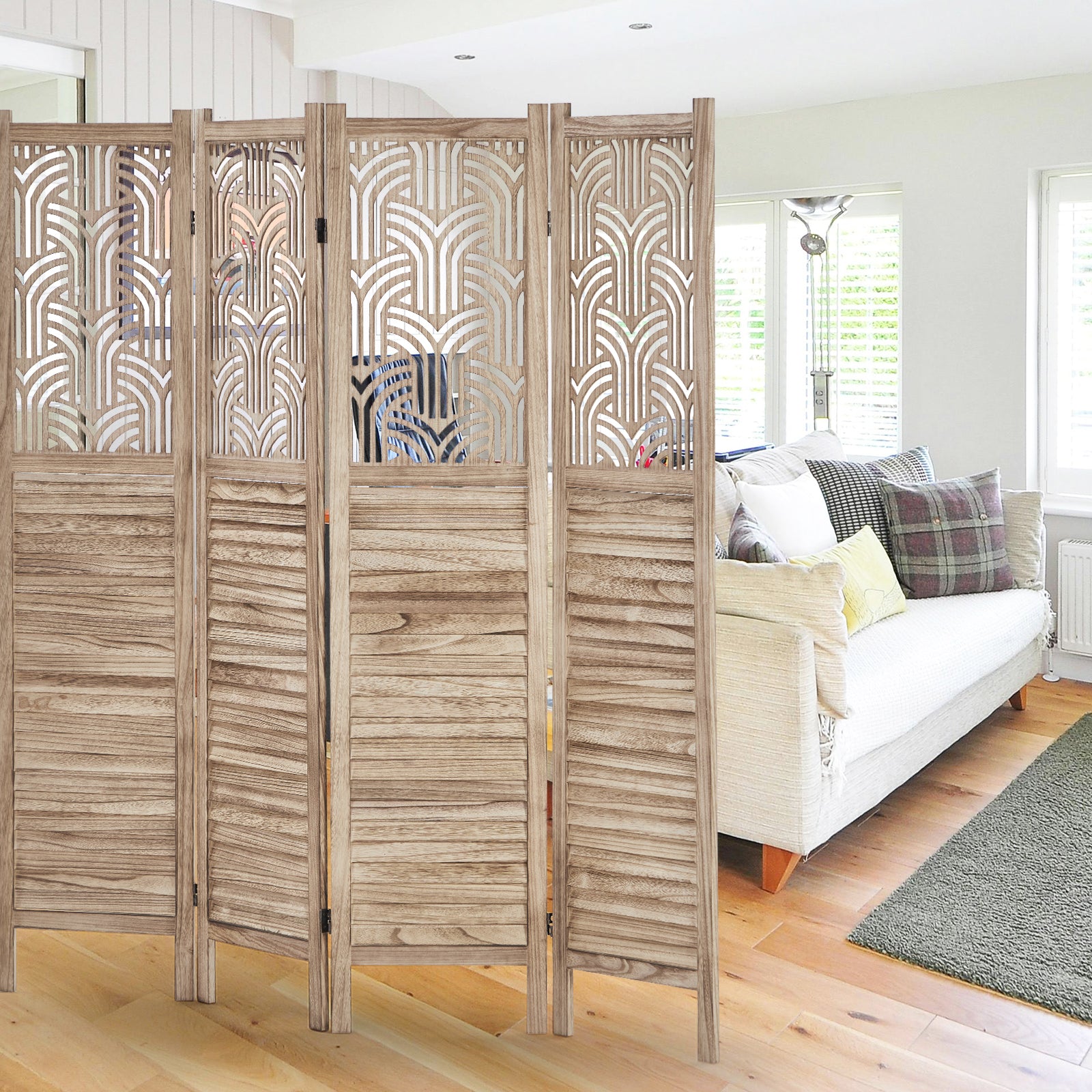 GARVEE 4 Panel Wooden Room Divider - 6 Ft Tall Freestanding Privacy Screen with Decorative Cutouts, Foldable Partition for Bedroom, Living Room & Office - Natural Finish | Perfect for Home Decor, Space Division & Room Privacy