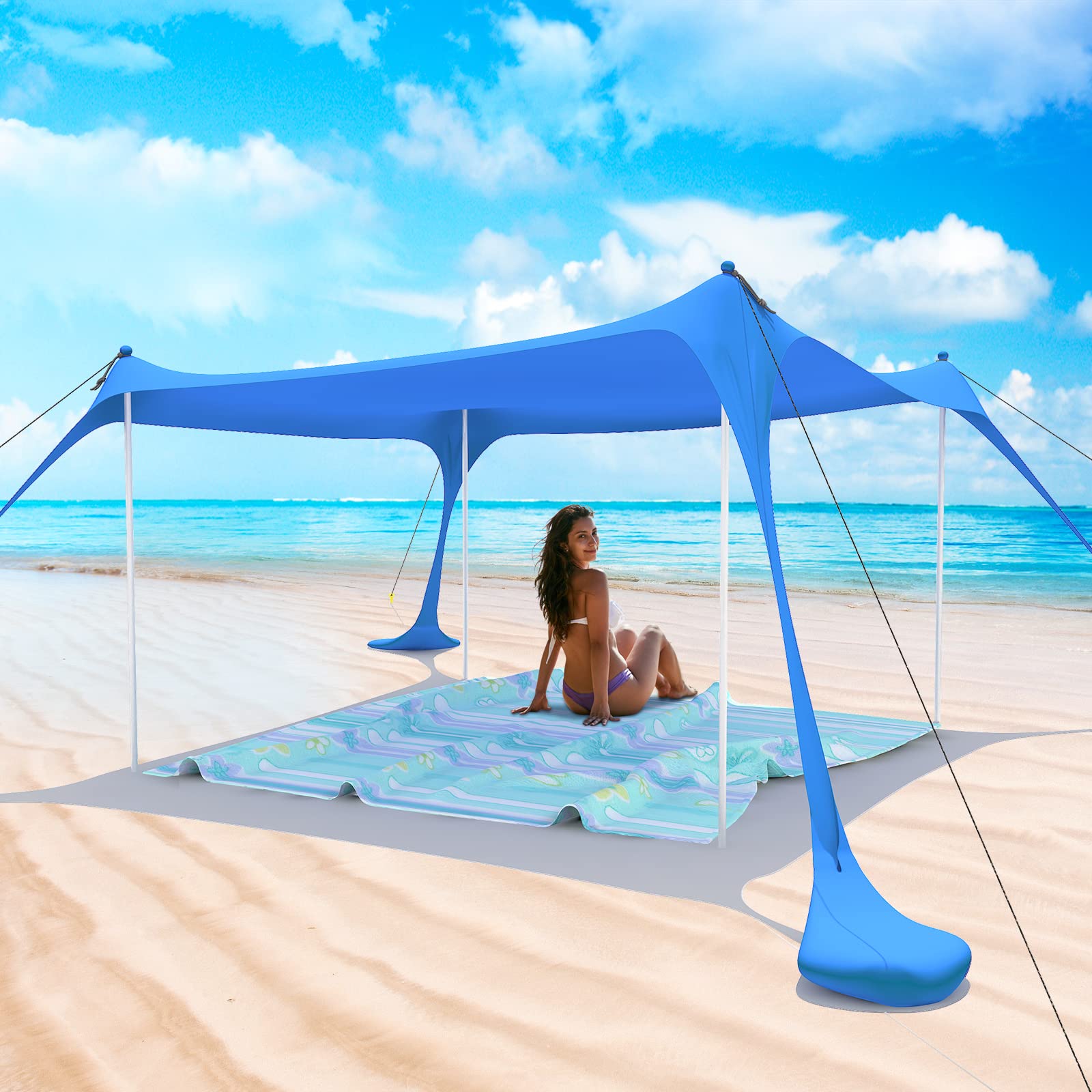 UPF50+ Beach Tent Pop Up Sun Shelter with Stability Poles, Carry Bag & Accessories - Portable 7x7FT Sunshade for Camping, Picnics, Beach Trips & Outdoor Family Activities (Royal Blue)