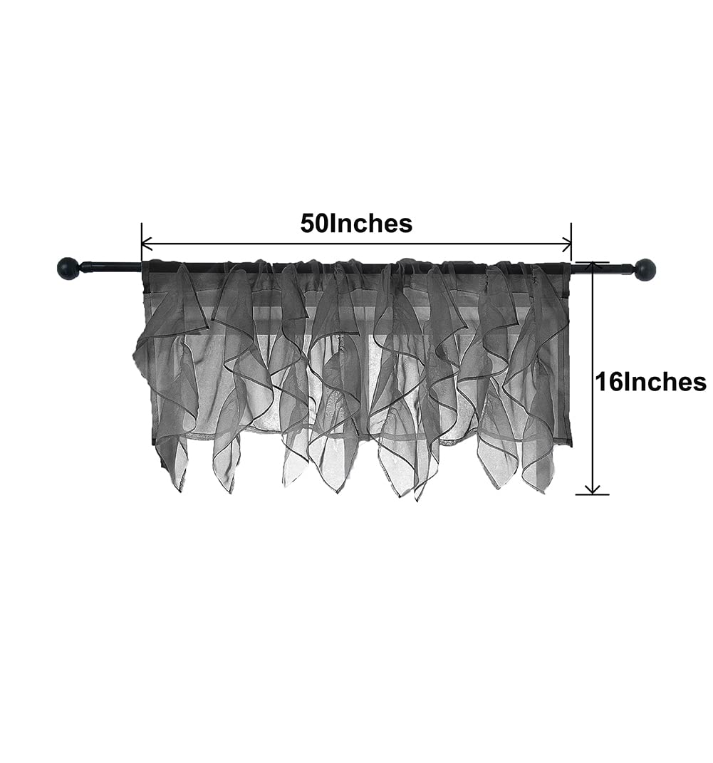PearAge Ruffled Voile Semi-Sheer Curtain Valance - 50x16 Inches, Black Shabby Chic Window Treatment for Kitchen, Living Room & Girls Bedroom - Elegant Cascade Ruffle Design for Cozy Home Decor