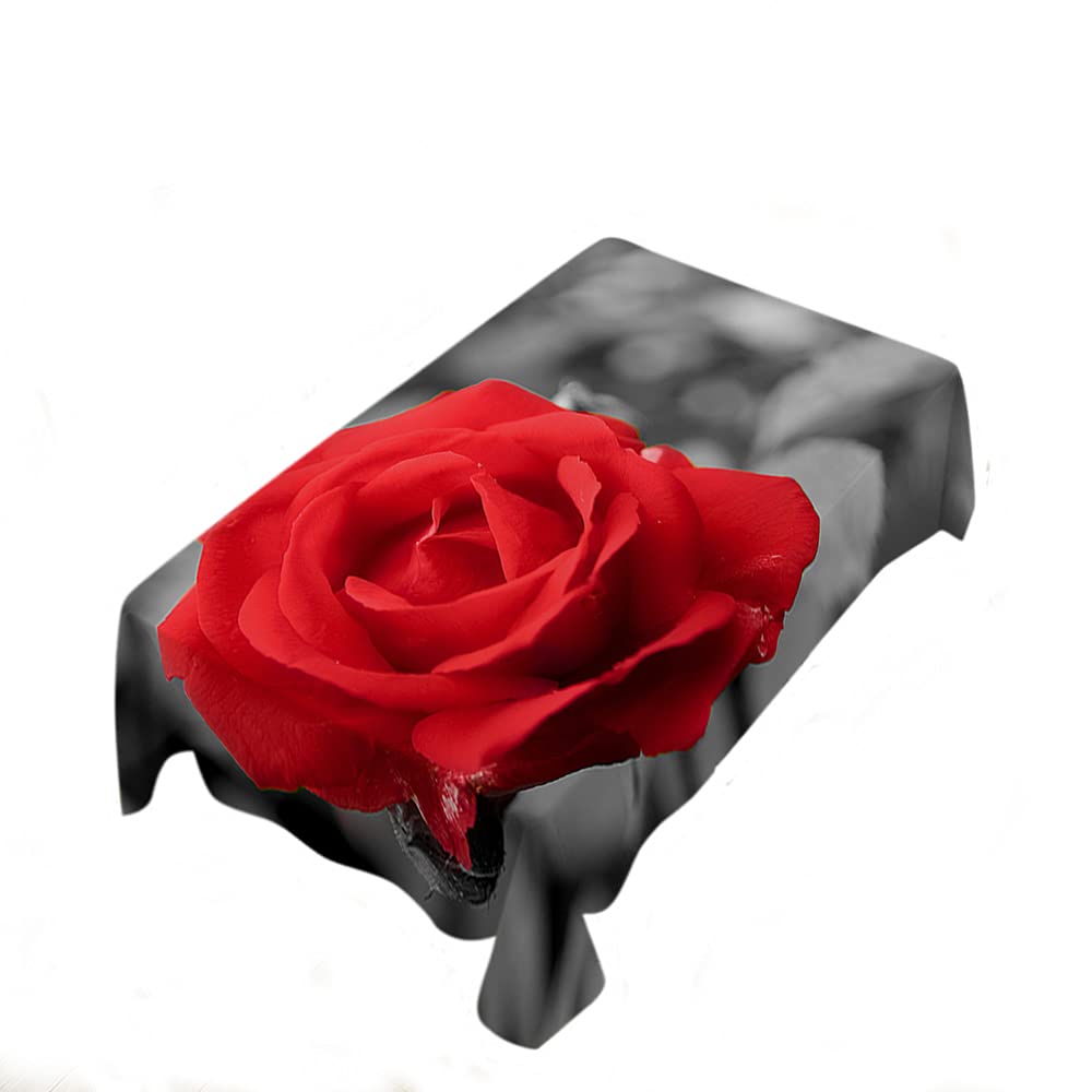 WONDERTIFY Solitary Rose Waterproof Microfiber Tablecloth - 52x70 Inch Faded Black & White Blooming Red Rose Design - Elegant Dining Table Cover for Weddings, Parties & Home Decor