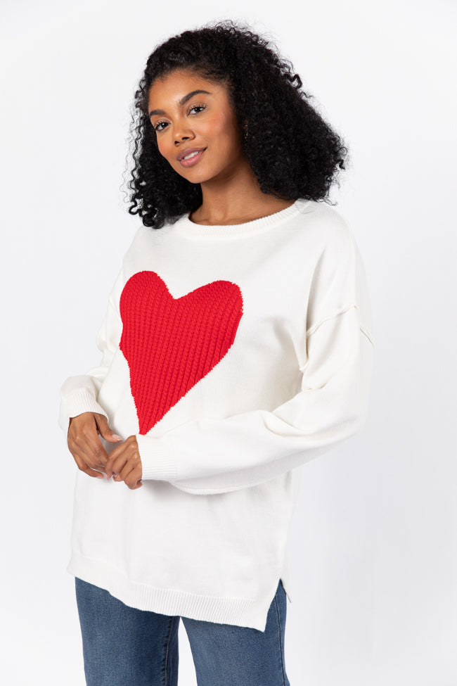 Heart Cable Knit Sweater in Ivory & Red - Cozy Winter Pullover for Women | Perfect for Christmas, Valentine's Day & Casual Outfits