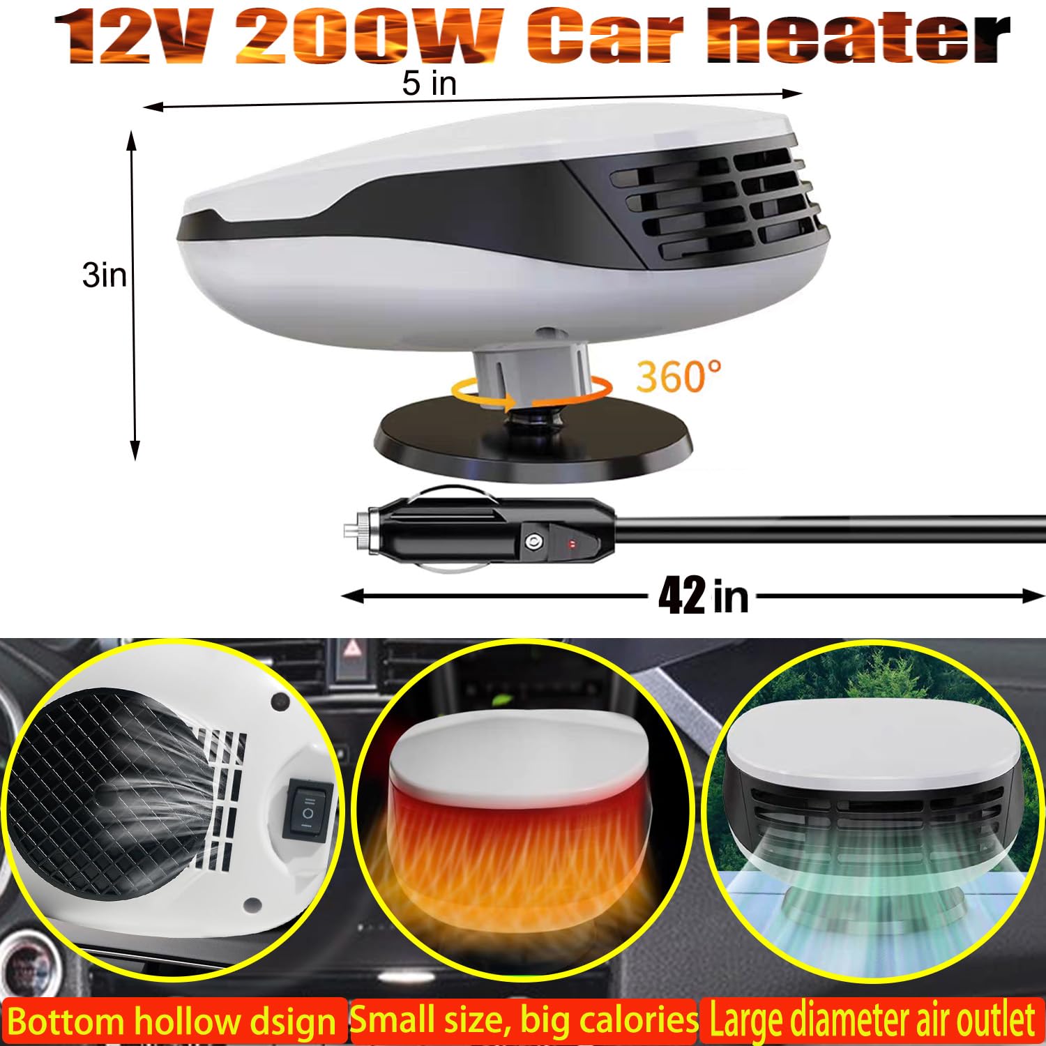 12V Portable Car Heater & Defroster - Dual Function Fast Heating & Cooling Windshield Defogger for Cars, Trucks, SUVs - Plugs into Cigarette Lighter (White) | Perfect for Winter Driving, Road Trips & Emergency Vehicle Heating