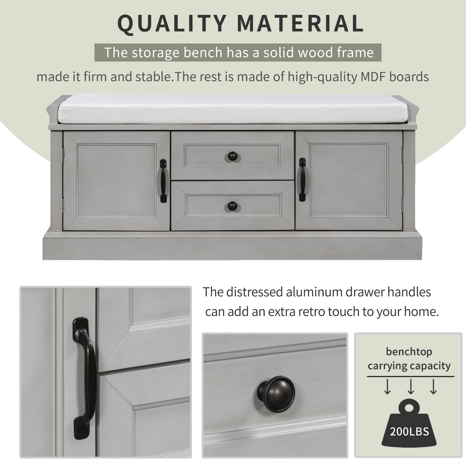 Storage Bench with 2 Drawers & 2 Cabinets - Entryway Bench with Removable Cushions - Shoe Organizer for Hallway, Living Room - Grey - Perfect for Small Spaces & Home Organization