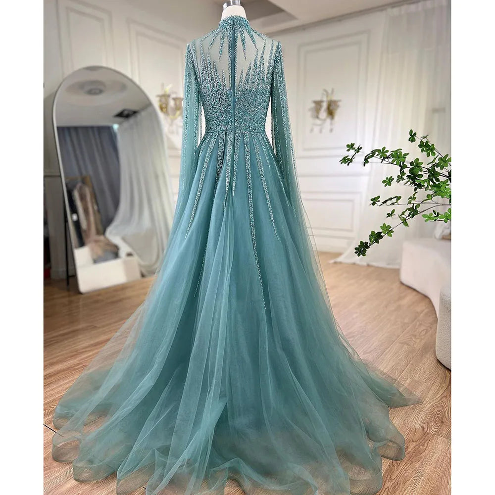 Elegant Arabic Turquoise Beaded A-Line Evening Gown with Cape Sleeves - Dubai Inspired Women's Wedding Party Dress LA72199 | Perfect for Formal Events, Red Carpet & Special Occasions