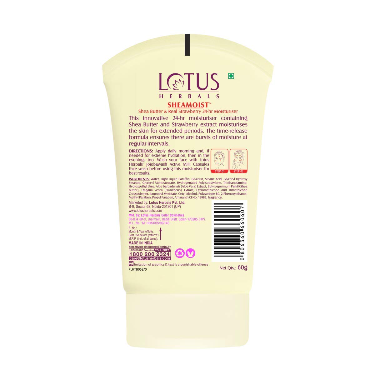 Lo-tus Herbals Shea Butter & Strawberry Moisturizing Cream - 24 Hour Hydration for Dry Skin - 60g Pack - Perfect for Face, Body & Hands Care - Natural Skincare Solution