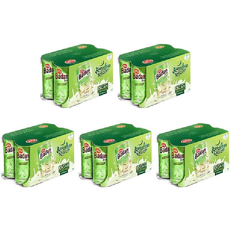 Pack of 5 - MTR 6 Pack Cans Badam Almond Drink with Cardamom Flavor - 180ml (6.08oz) - Perfect for Breakfast, Snacks & Healthy Beverage Choices