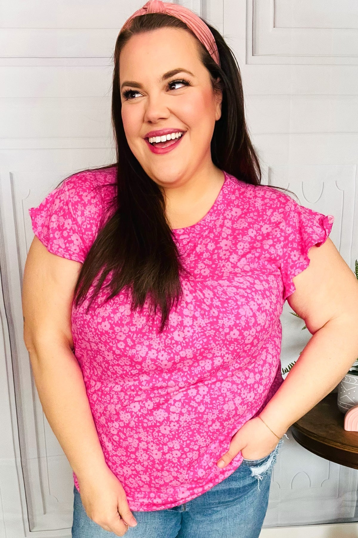 Look Of Love Fuchsia Floral Yoke Ruffle Short Sleeve Blouse - Women's Romantic Floral Print Summer Top for Date Night & Outdoor Parties