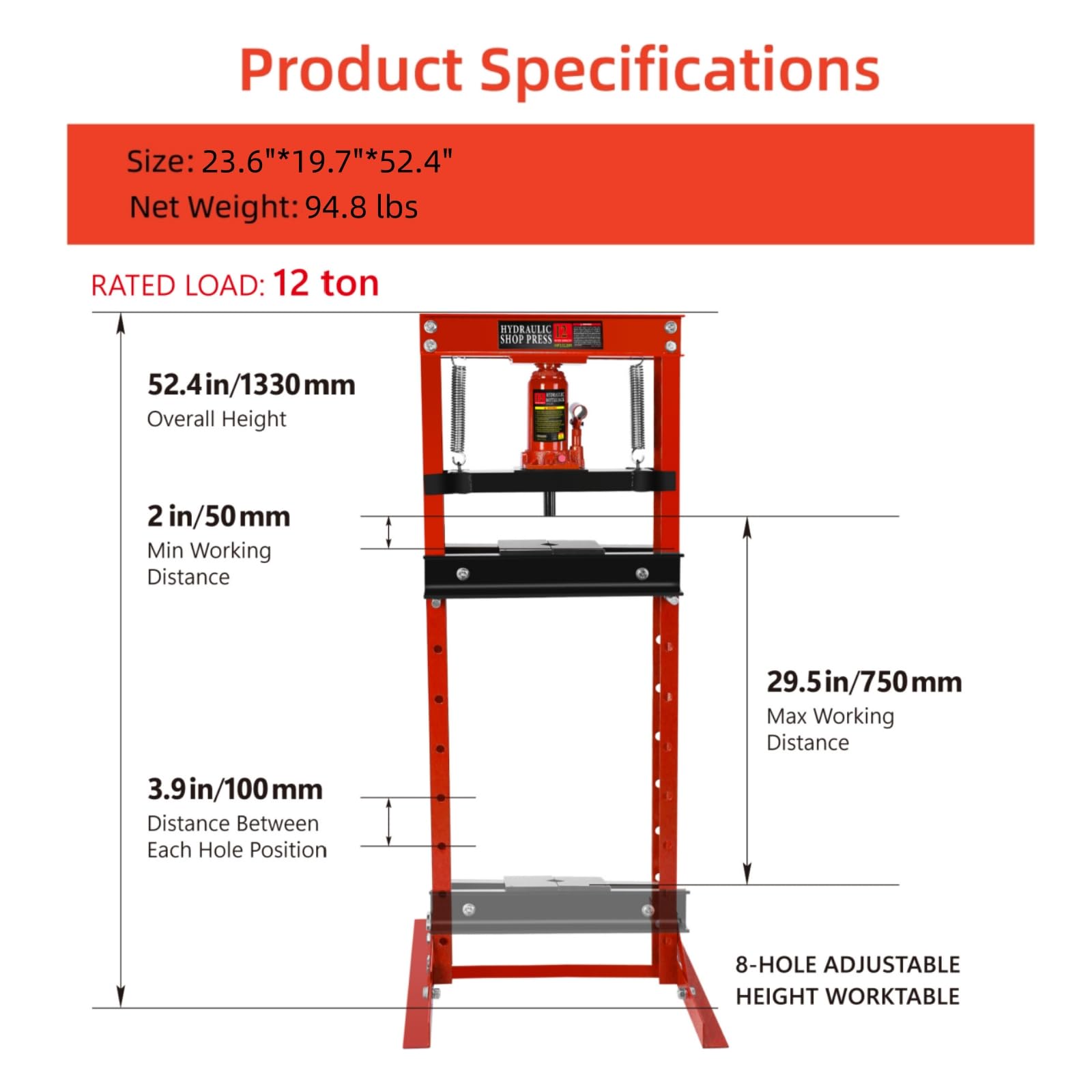 12-Ton Hydraulic Shop Press with Press Plates - H-Frame Garage Floor Press with Adjustable Working Table Height - Heavy Duty Metalworking, Automotive Repair & DIY Projects (Red)