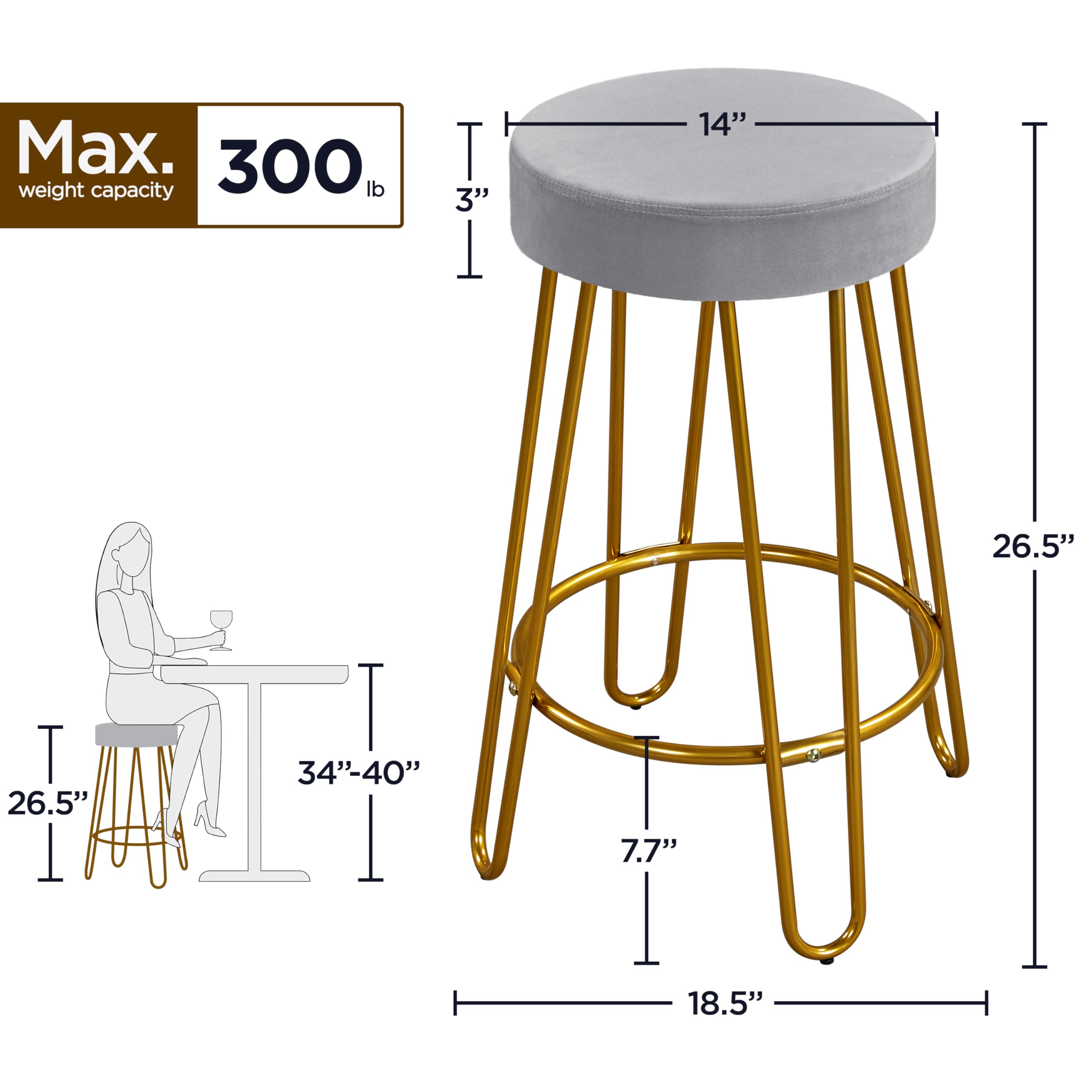 Yaheetech 4-Pack Velvet Round Bar Stools with Golden Legs - Backless Counter Height Stools for Kitchen, Dining Room, Pub & Cafe - Soft Gray Modern Seating for Home & Commercial Use