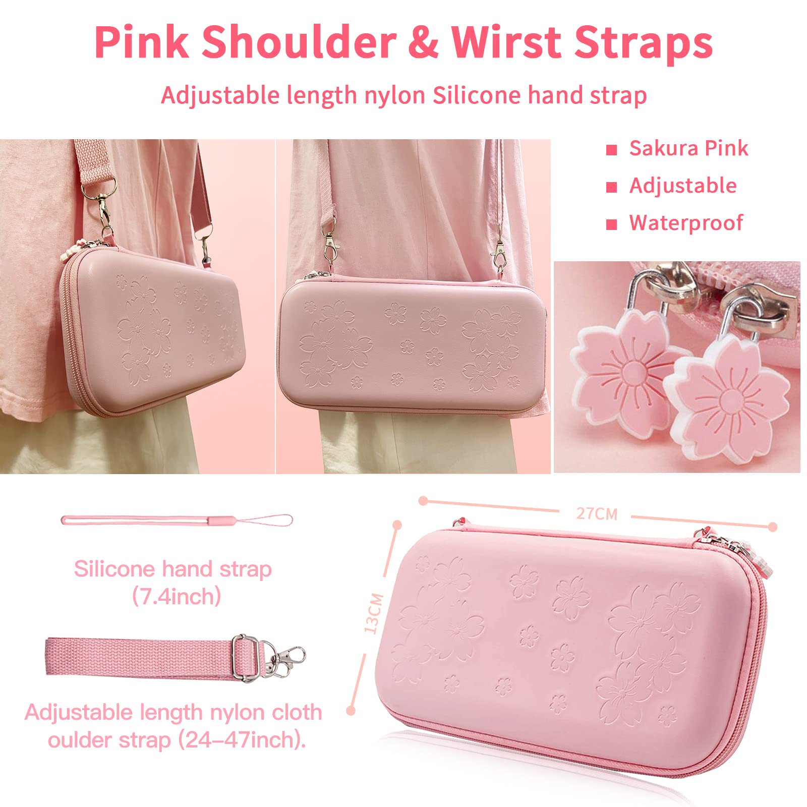 Pink Nintendo Switch OLED Case 2021 - Sakura Design Hard Shell Protective Cover with HD Screen Protector & 4 Thumb Grips | Shockproof Portable Storage for Travel & Gaming Accessories