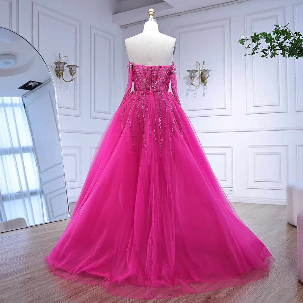 Luxury Dubai Arabia Blue Mermaid Evening Dress with Gloves & Overskirt - Formal Gown for Prom, Wedding, Red Carpet Events | Elegant Women's Party Dress LA72582