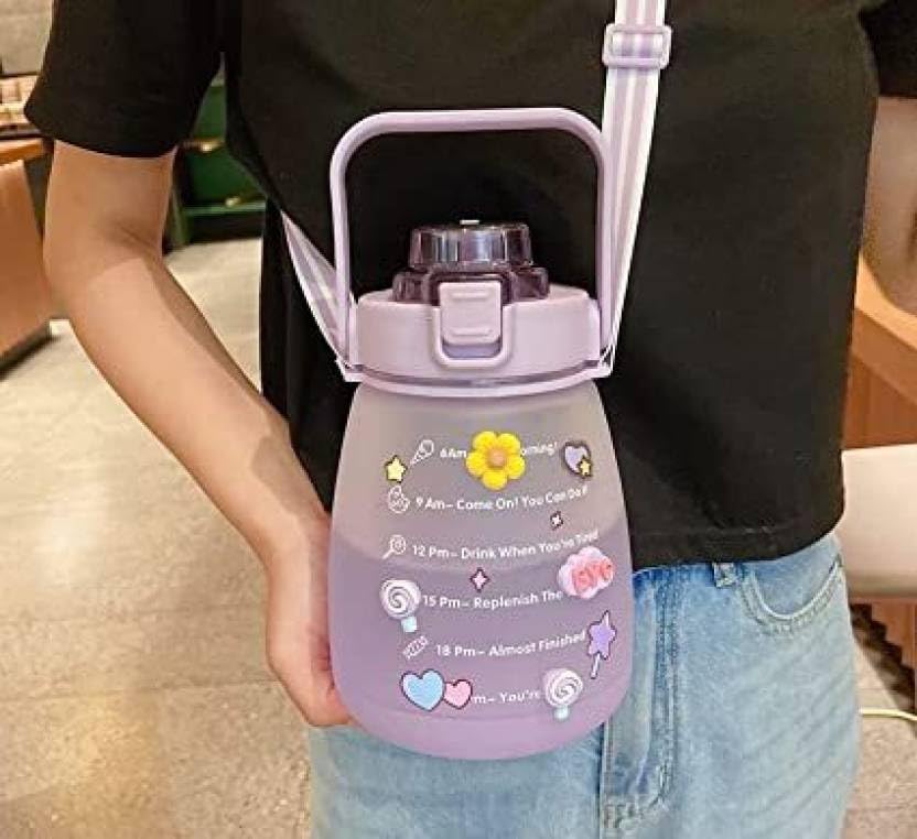 1500ML Motivational Water Bottle with Straw & Shoulder Strap - Kawaii Gym Bottle for Sports, Fitness, School, Camping & Travel - Cute Purple Belly Jug for Hydration On The Go