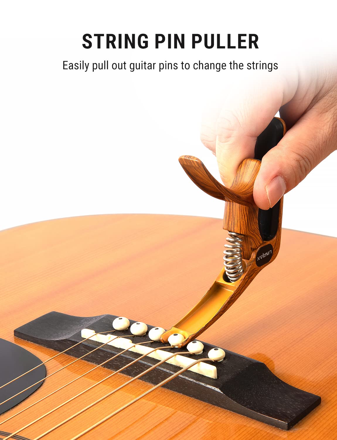 Premium C1 Guitar Capo - 3-in-1 Zinc Alloy Capo with Pick Holder & Bridge Pin Puller for Acoustic, Electric Guitar, Bass, Ukulele, Banjo, Mandolin | Professional Wood Grain Guitar Accessories for Live Performances & Studio Recording