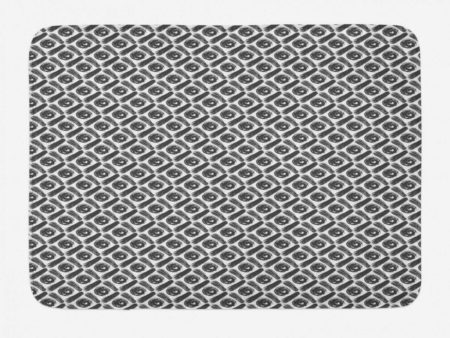 Ambesonne Retro Non-Slip Bath Mat - Brush Drawn Rounds in Striped Rhombus Monochrome Art, Plush Bathroom Decor Rug, 30.2x20 Inches, Charcoal Grey & White - Perfect for Modern Bathrooms, Guest Suites & Spa-Like Retreats