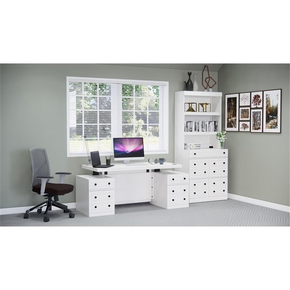 Windsor White Solid Wood Adjustable Height Sit-Stand Desk with Storage Drawers & File Cabinet - Home Office Workstation for Remote Work & Study