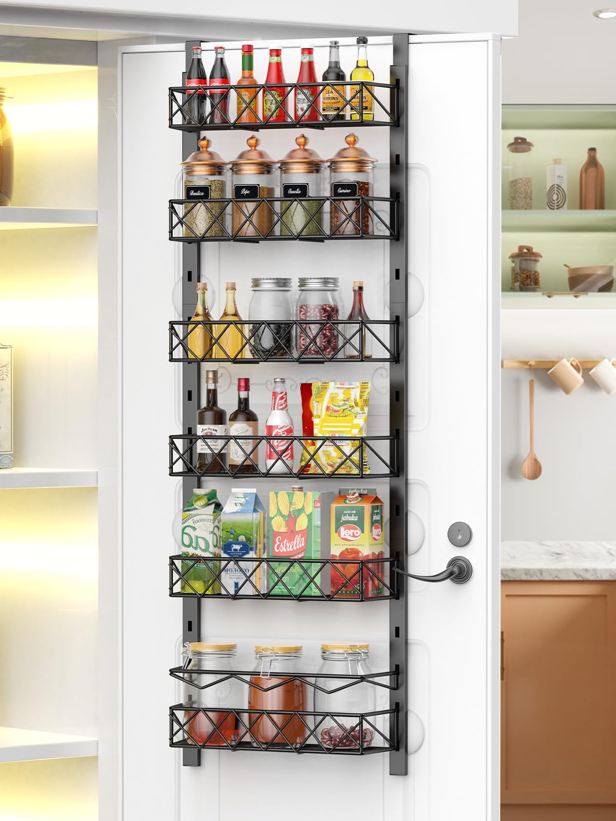 6-Tier Over the Door Pantry Organizer - Adjustable Metal Hanging Spice Rack & Storage Baskets for Kitchen, Bathroom, Closet - Space Saving Behind the Door Organizer for Spices, Snacks, Toiletries & More