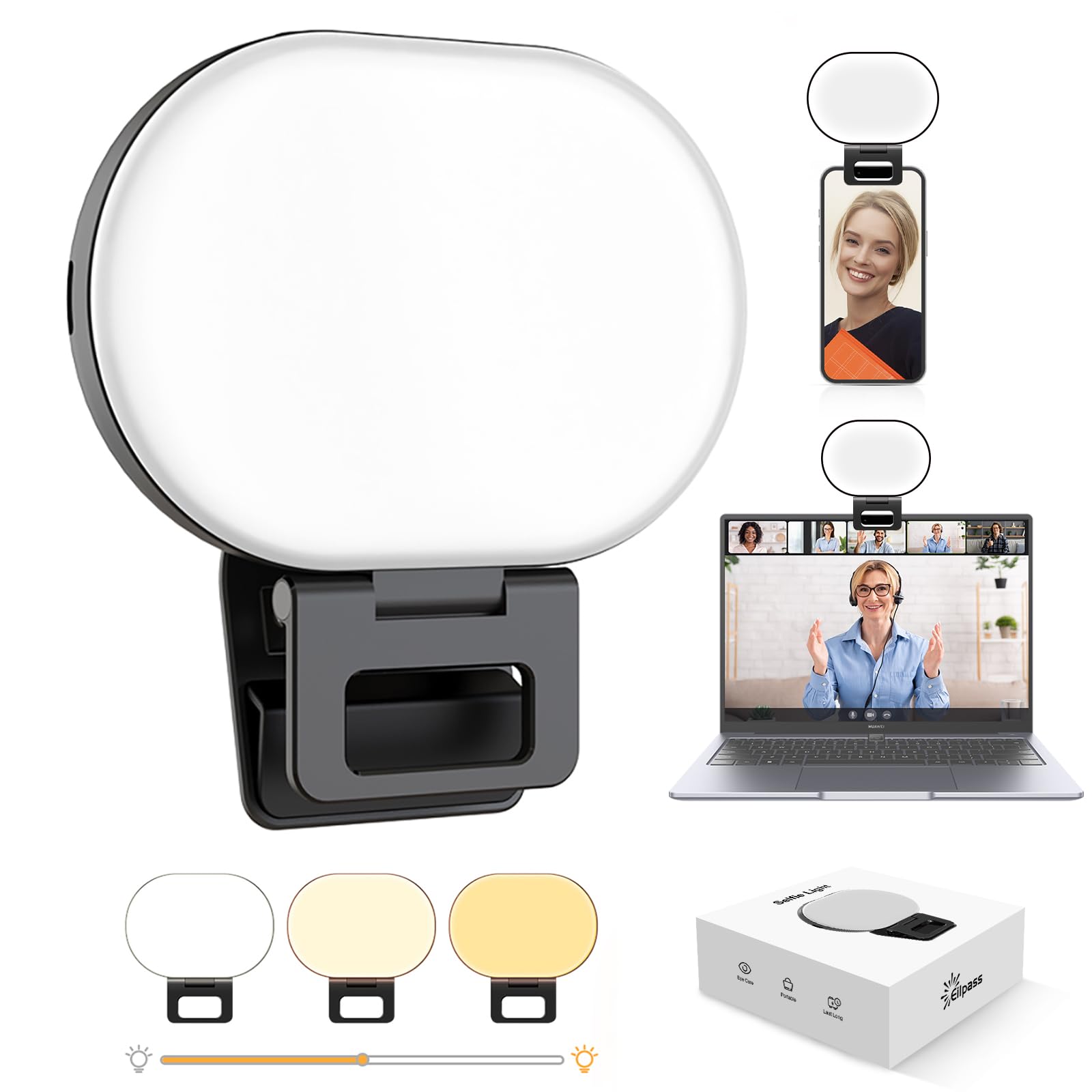 Selfie Light Clip with 3 Light Modes - Side-Emitting Eye Protection Fill Light for Phone, iPad & Laptop - Rechargeable for iPhone & Android - Perfect for Video Recording, TikTok & Vlogging (Black) - Ideal for Content Creators, Live Streaming and Low-Light Photography